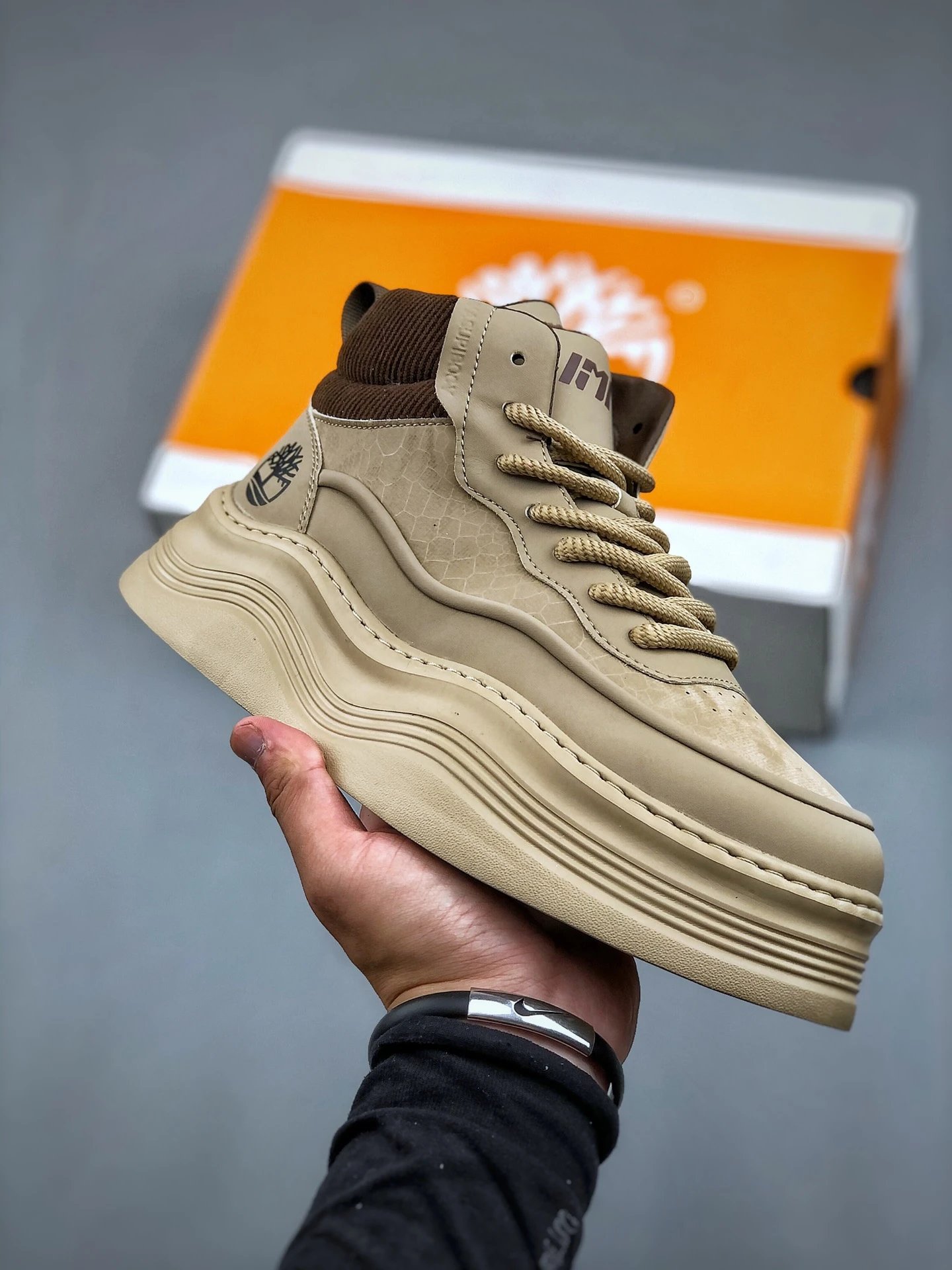 Chunky Leather High Top Boots Sandstone Beige - Gallery Image 1 - Detailed View