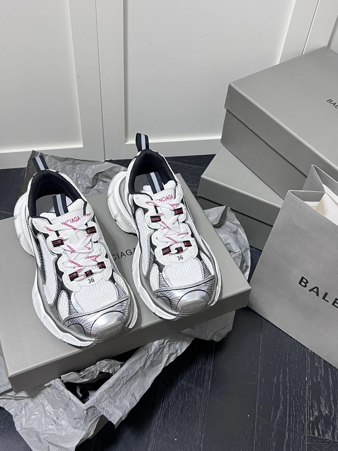 Retro Dad Sneakers Mesh Leather Chunky Sole Silver White - Gallery Image 2 - Detailed View