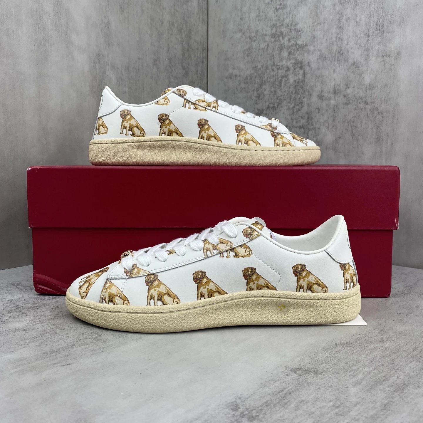 Dog Print Leather Low Top Sneakers Ivory - Gallery Image 9 - Detailed View