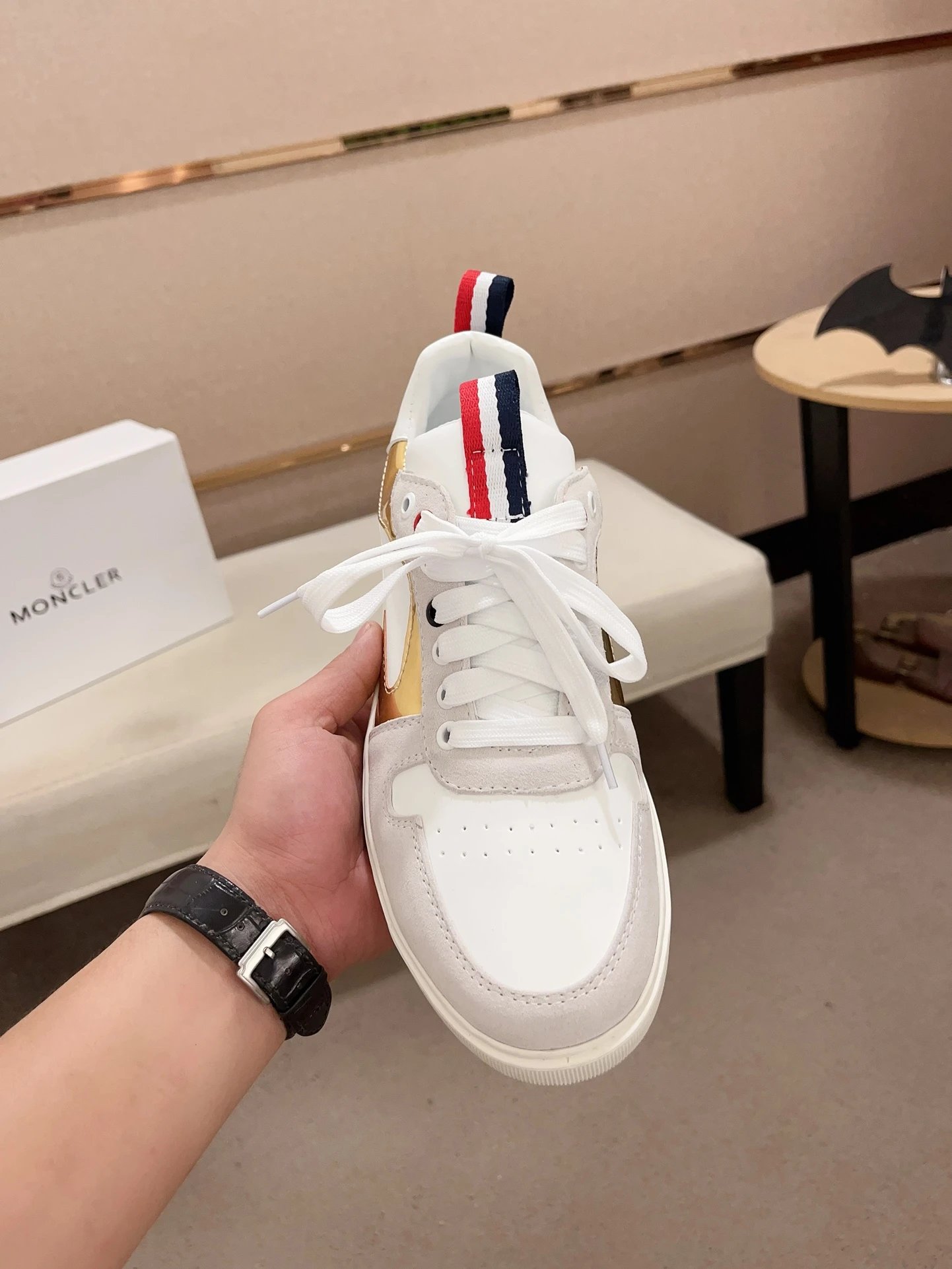 Moncler Lunarove White Sneakers Gold Accent - Gallery Image 2 - Detailed View