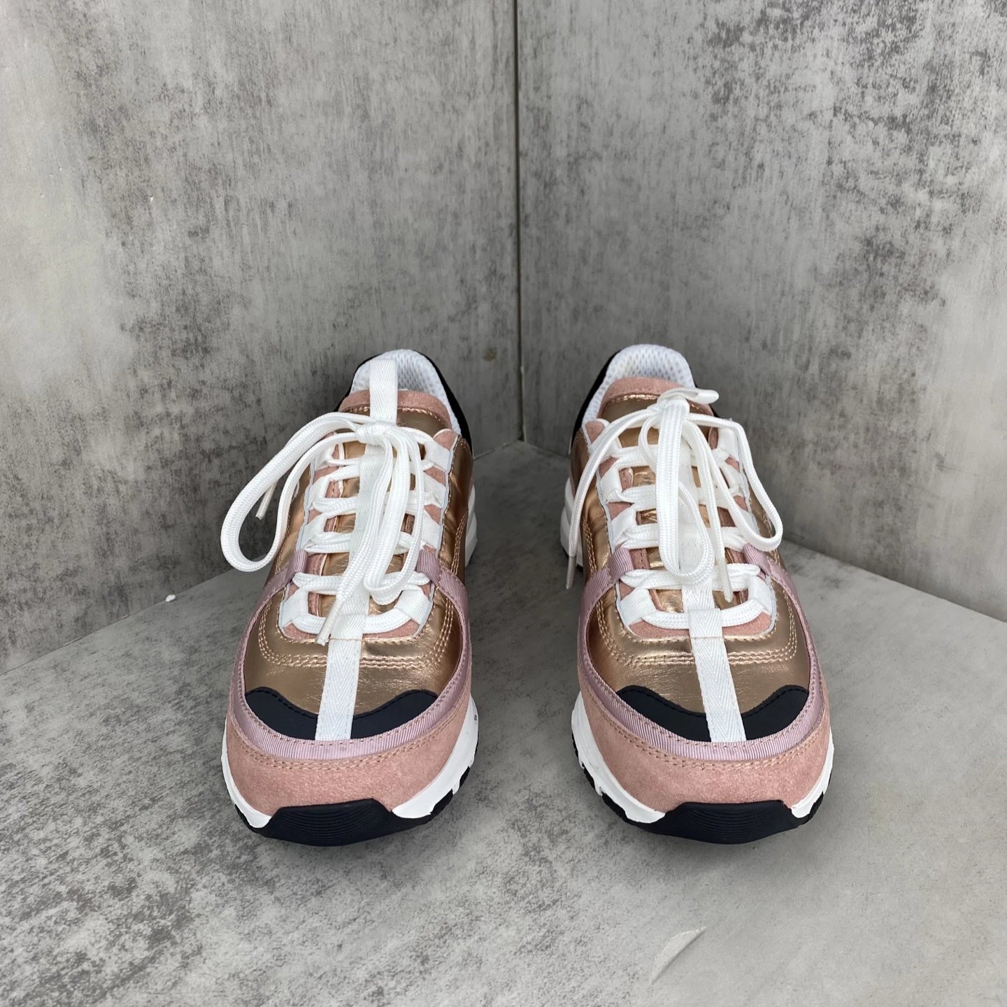 Luxury Leather Mesh Trainers with Metallic Rose Gold - Gallery Image 4 - Detailed View