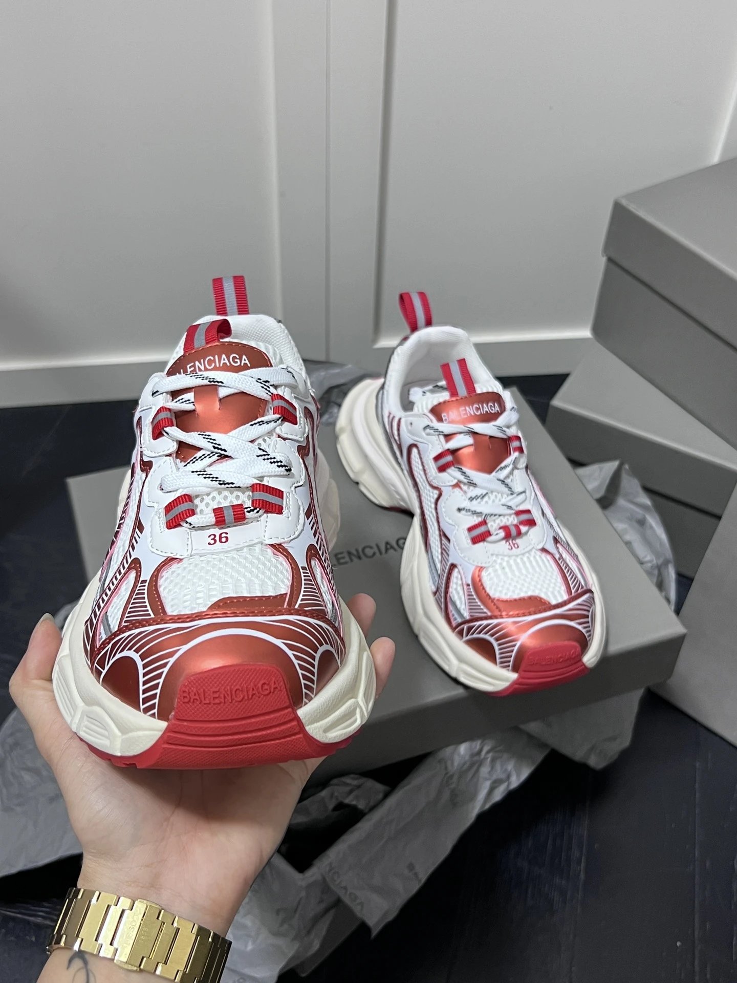 Retro Dad Sneakers Mesh Leather Chunky Sole Crimson White - Gallery Image 3 - Detailed View