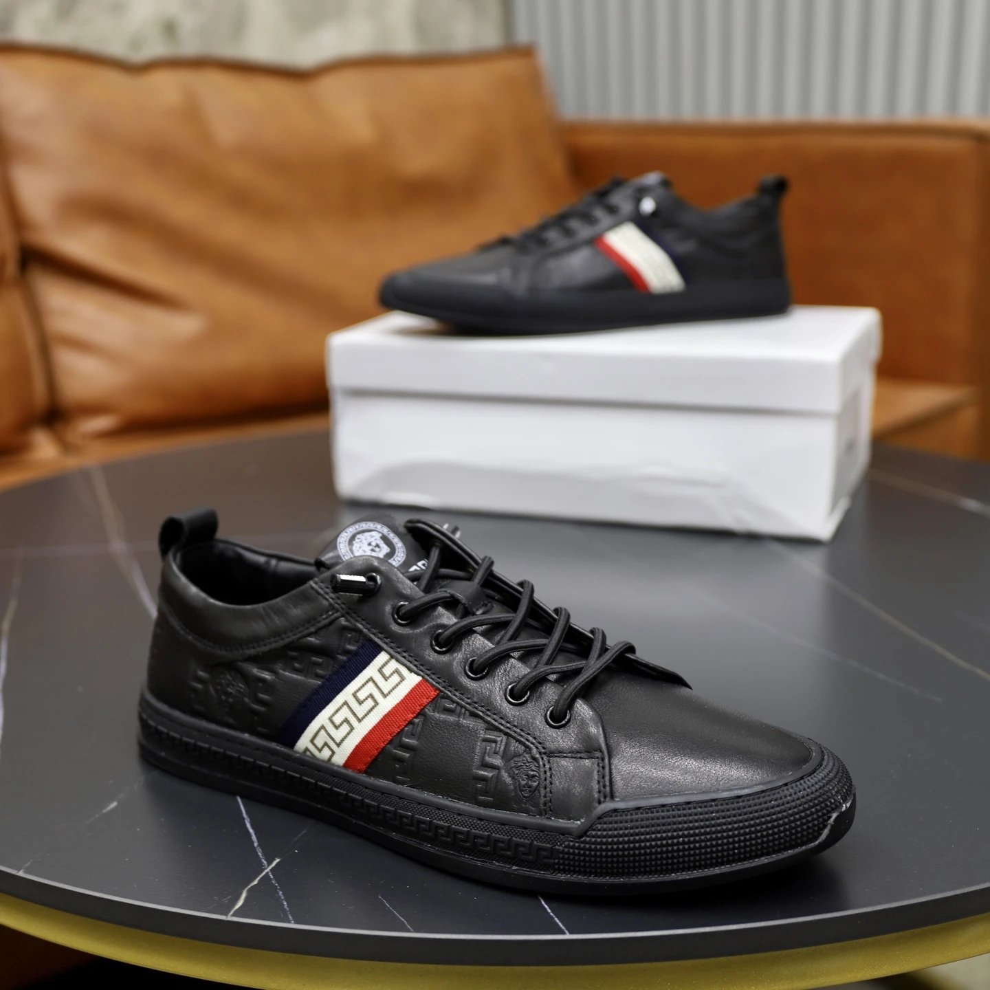 Luxury Leather Running Sneakers Ebony Black - Gallery Image 8 - Detailed View