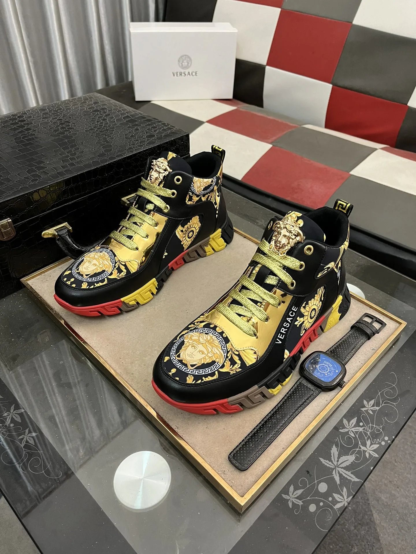 Luxury Leather Medusa Sneakers High Top Black Gold - Gallery Image 2 - Detailed View