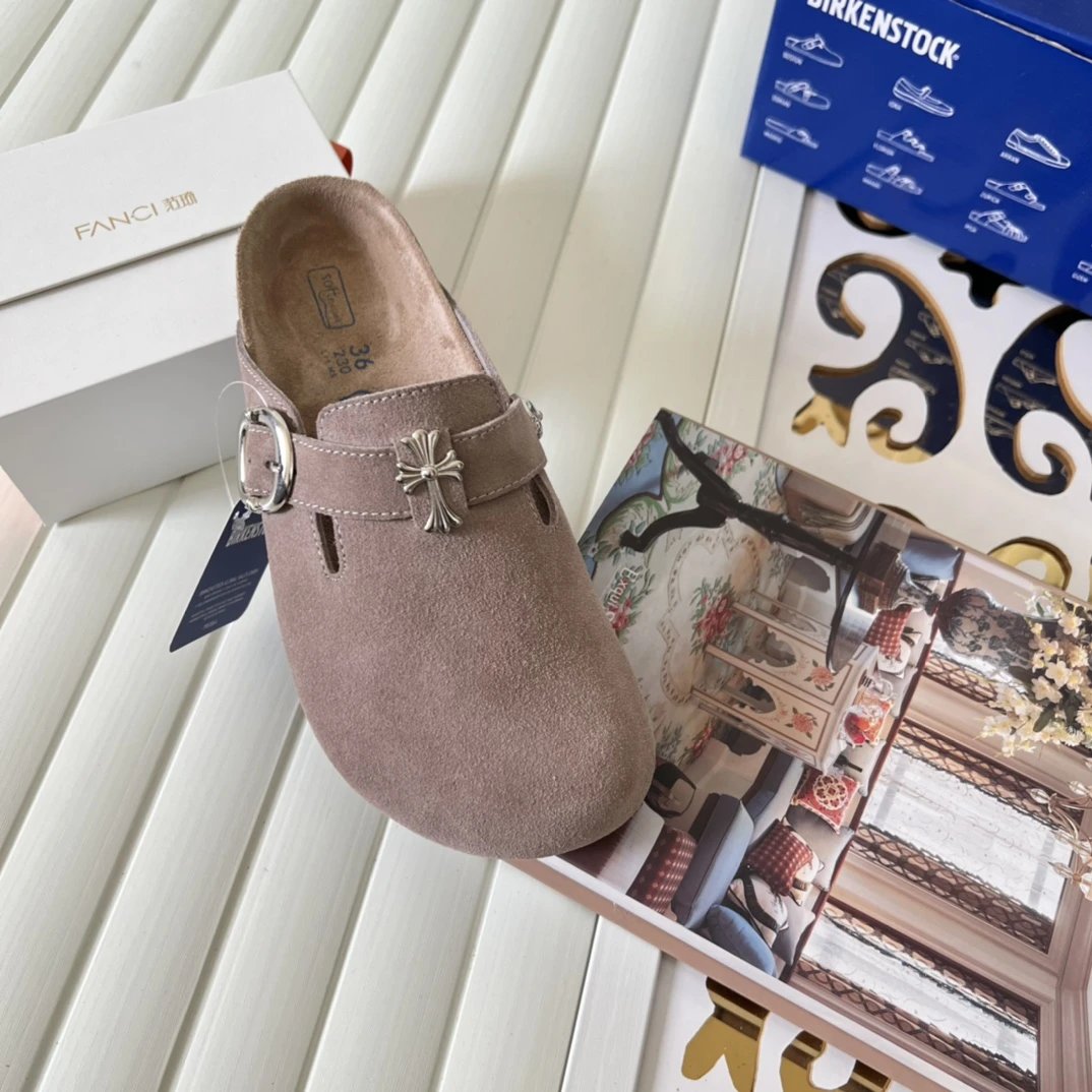 Suede Cross Buckle Closed Toe Clogs Nude Taupe - Gallery Image 5 - Detailed View