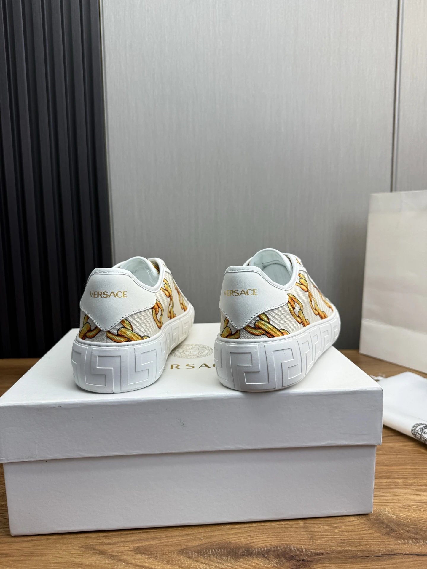 Chain Pattern Leather Sneakers Ivory - Gallery Image 5 - Detailed View