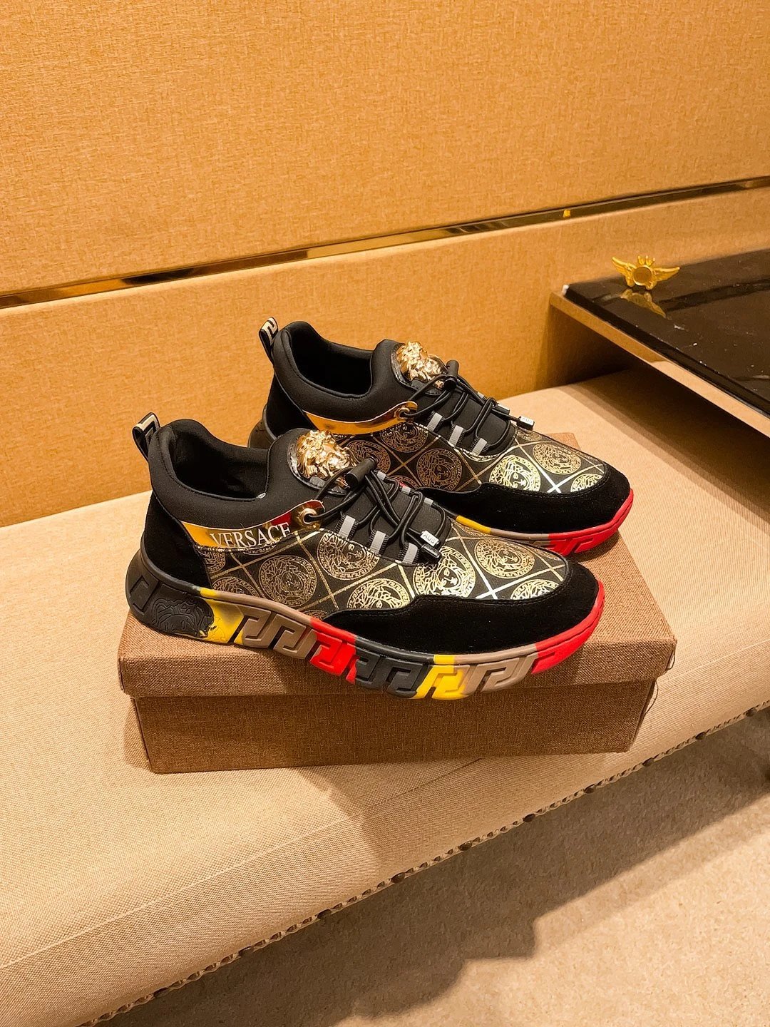 Baroque Leather Sneakers Black Gold Red - Gallery Image 1 - Detailed View