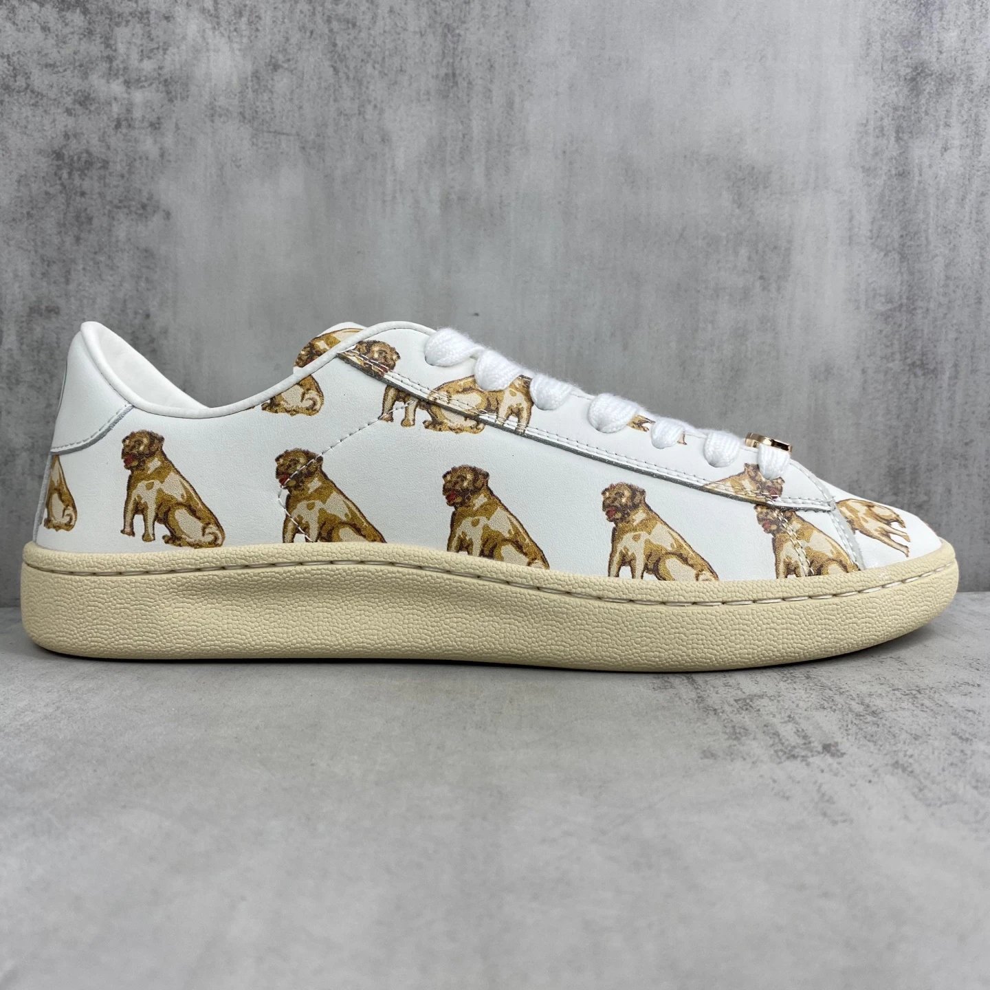 Dog Print Leather Low Top Sneakers Ivory - Gallery Image 6 - Detailed View