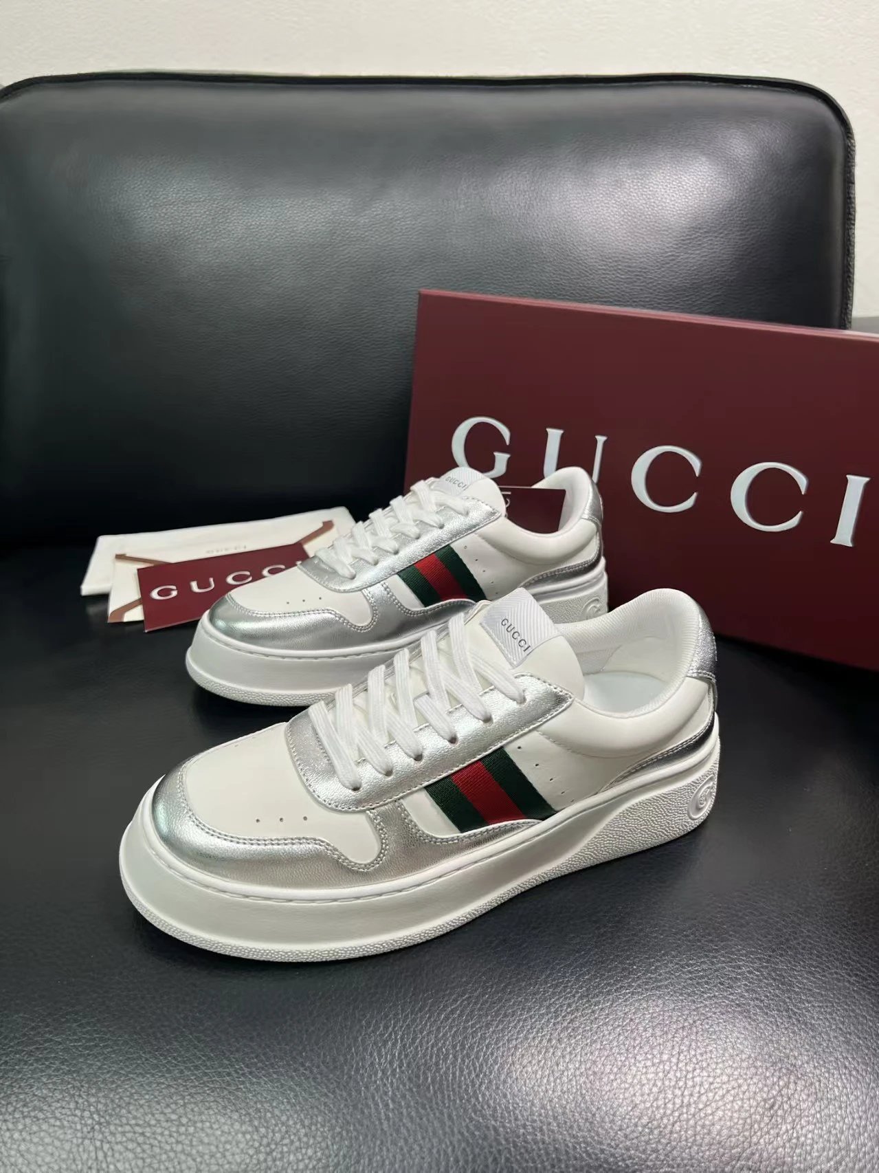 Gucci Men's Platform Sneakers Silver White - Gallery Image 4 - Detailed View
