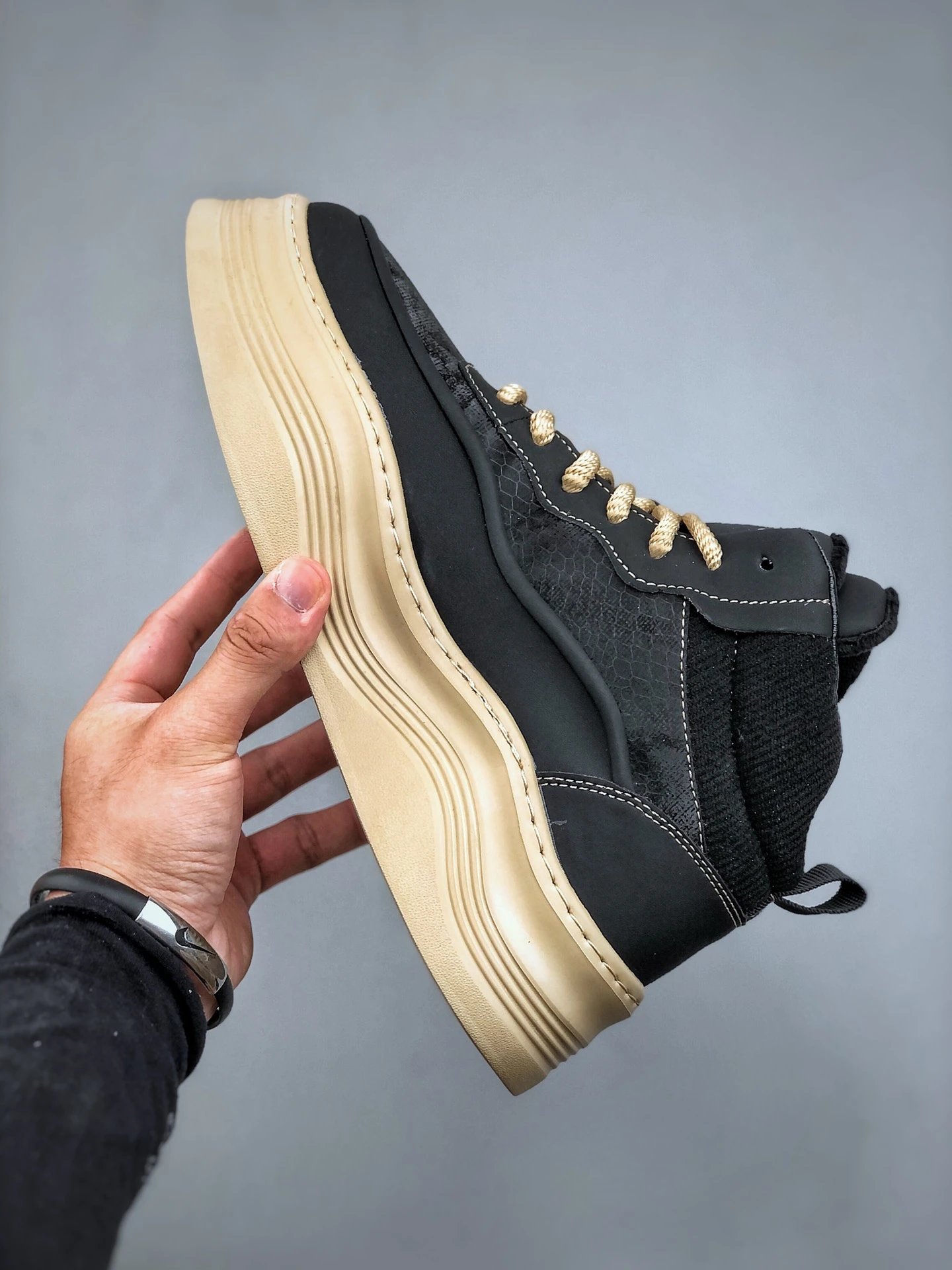 Chunky Leather High Top Boots Sandstone Black - Gallery Image 3 - Detailed View