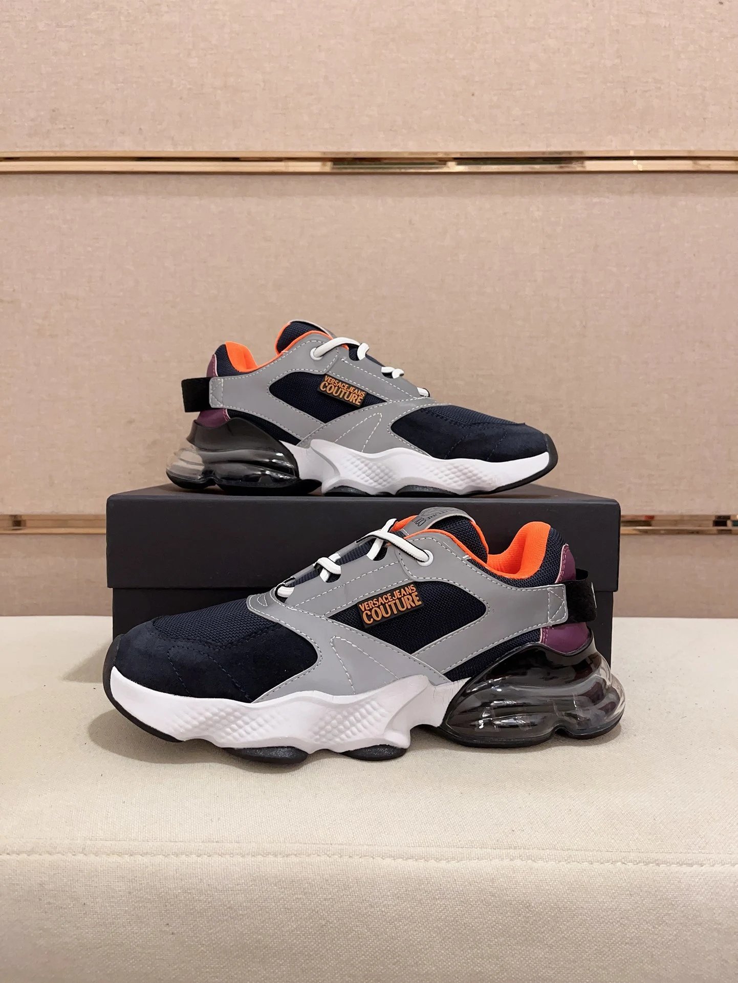 Luxury Mesh Leather Sneakers Navy Grey - Gallery Image 7 - Detailed View