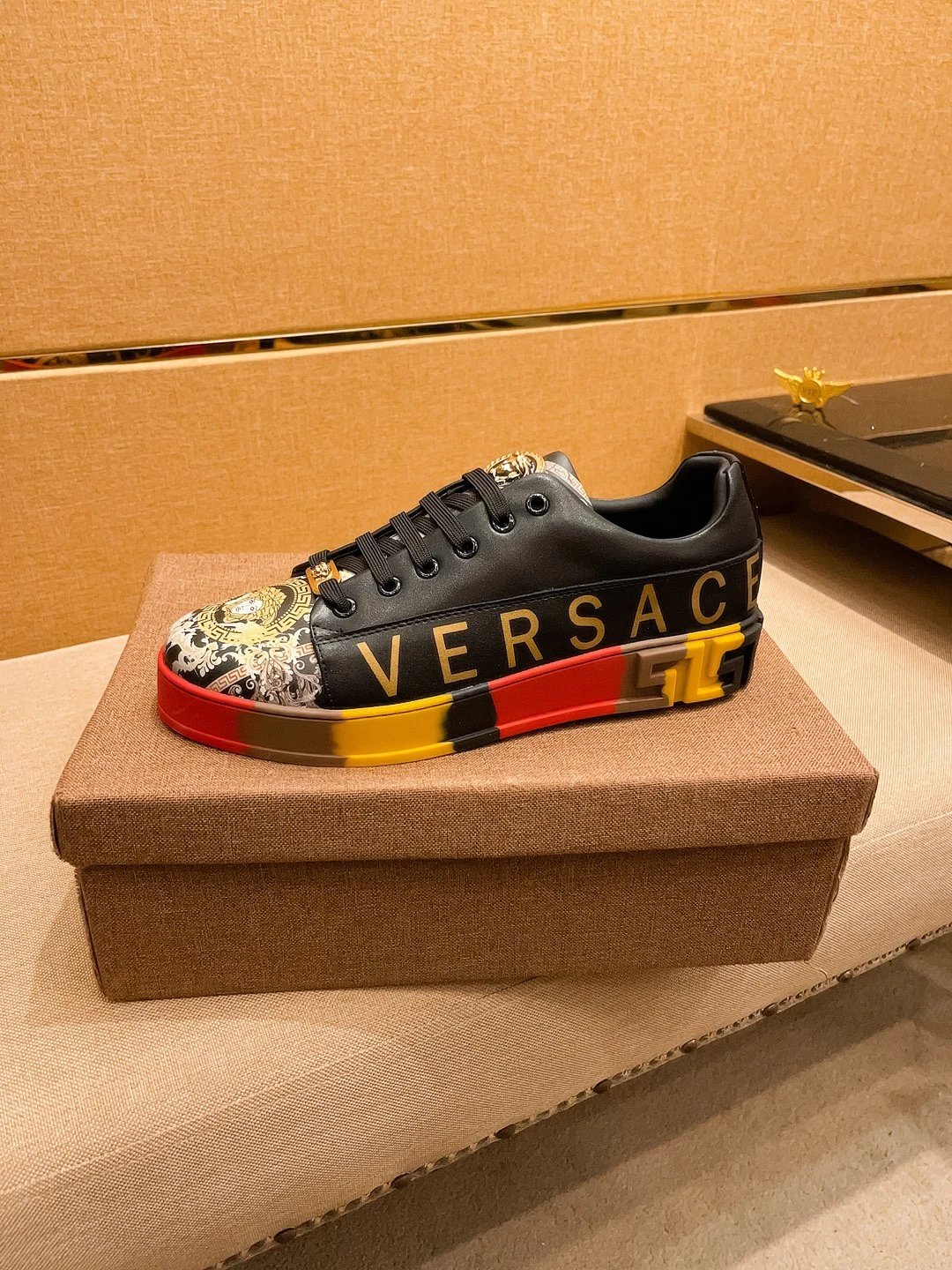 Luxury Leather Sneakers Retro Baroque Black Gold - Gallery Image 6 - Detailed View