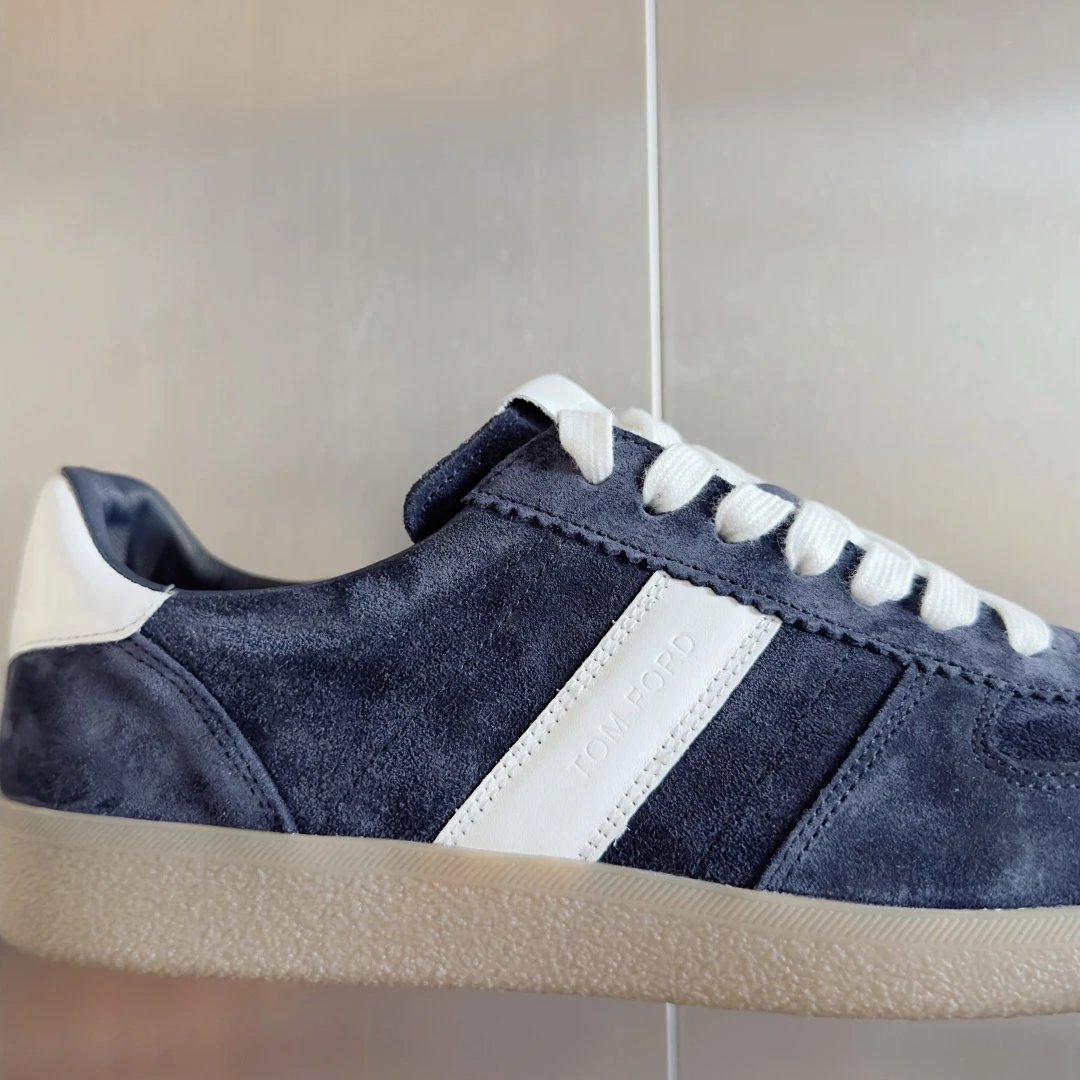 Suede German Trainer Sneakers Ivory Navy - Gallery Image 8 - Detailed View