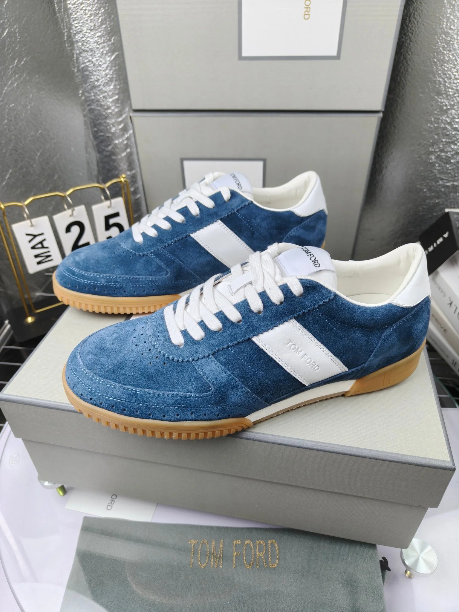Suede Leather Sneakers Retro Gum Sole in Ocean Blue - Gallery Image 2 - Detailed View