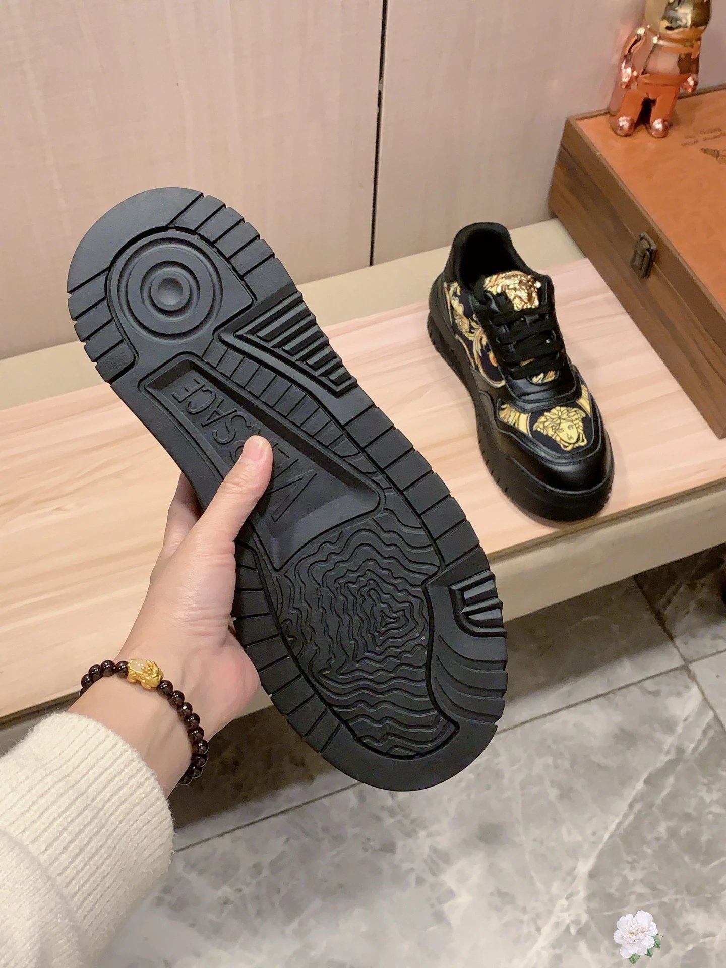 Baroque Leather Low Top Sneakers with Gold Accents Black - Gallery Image 8 - Detailed View