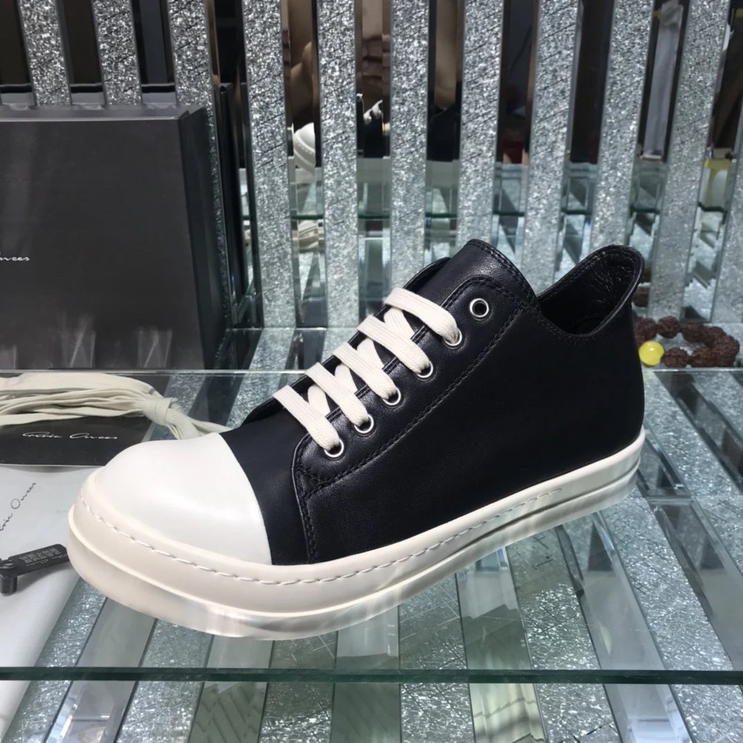 Rick Owens Leather Sneakers Black White - Gallery Image 6 - Detailed View
