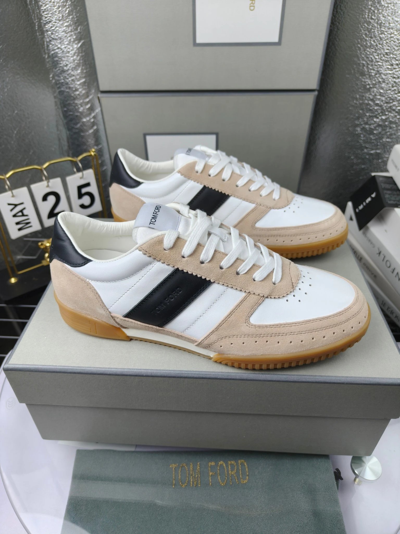 Retro Suede Leather Sneakers Ivory Black - Gallery Image 1 - Detailed View
