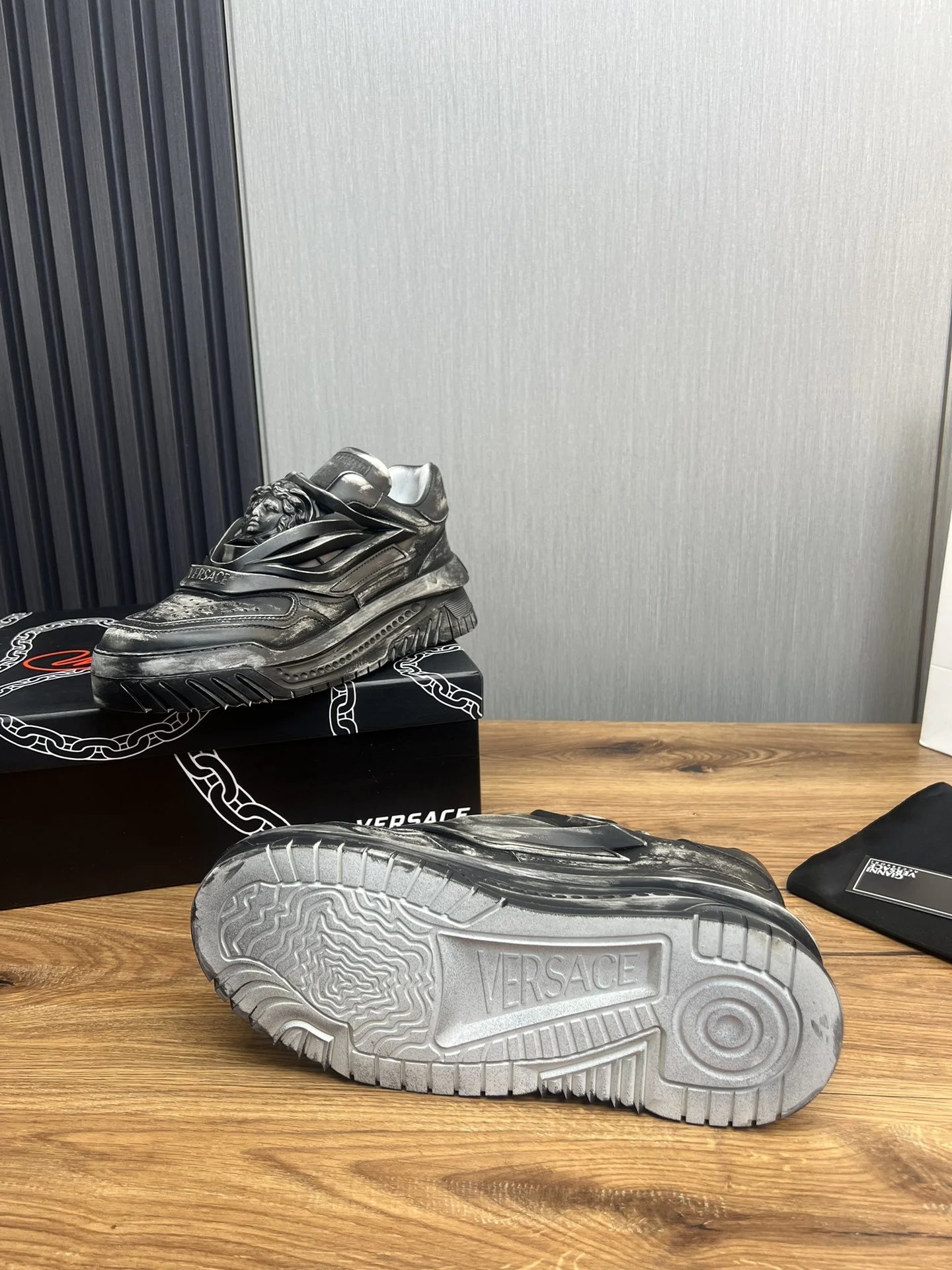 Luxury Leather Chunky Sneakers Charcoal Black - Gallery Image 9 - Detailed View