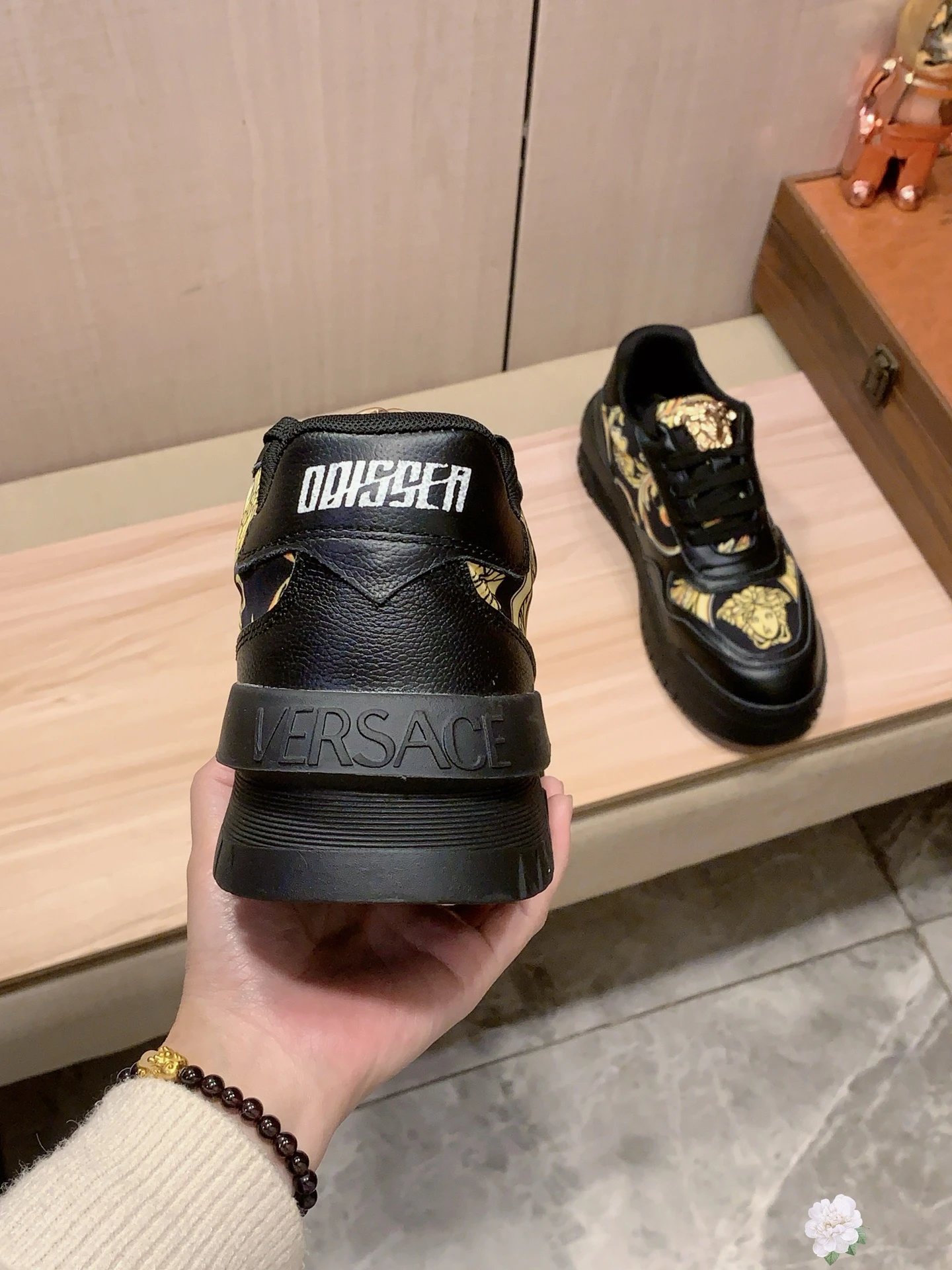 Baroque Leather Low Top Sneakers with Gold Accents Black - Gallery Image 9 - Detailed View