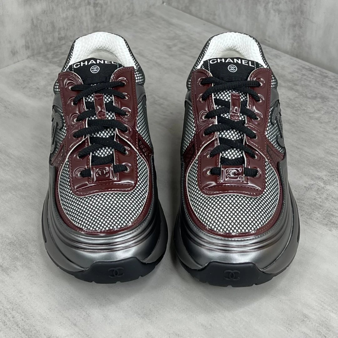 Luxury Leather Mesh Resort Sneakers Grey Burgundy - Gallery Image 4 - Detailed View