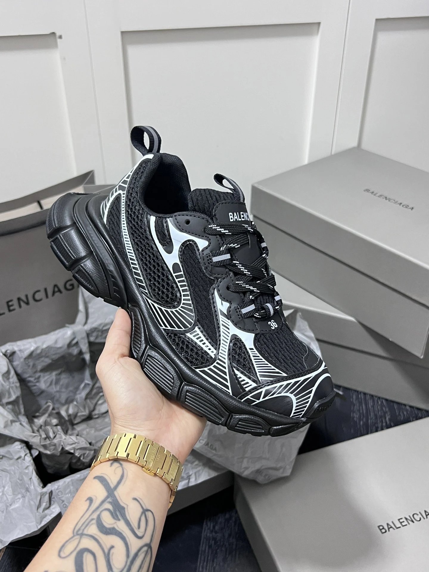 Retro Dad Sneakers Mesh Leather Chunky Sole Graphite Black - Balenciaga - Cnfans - $49.68