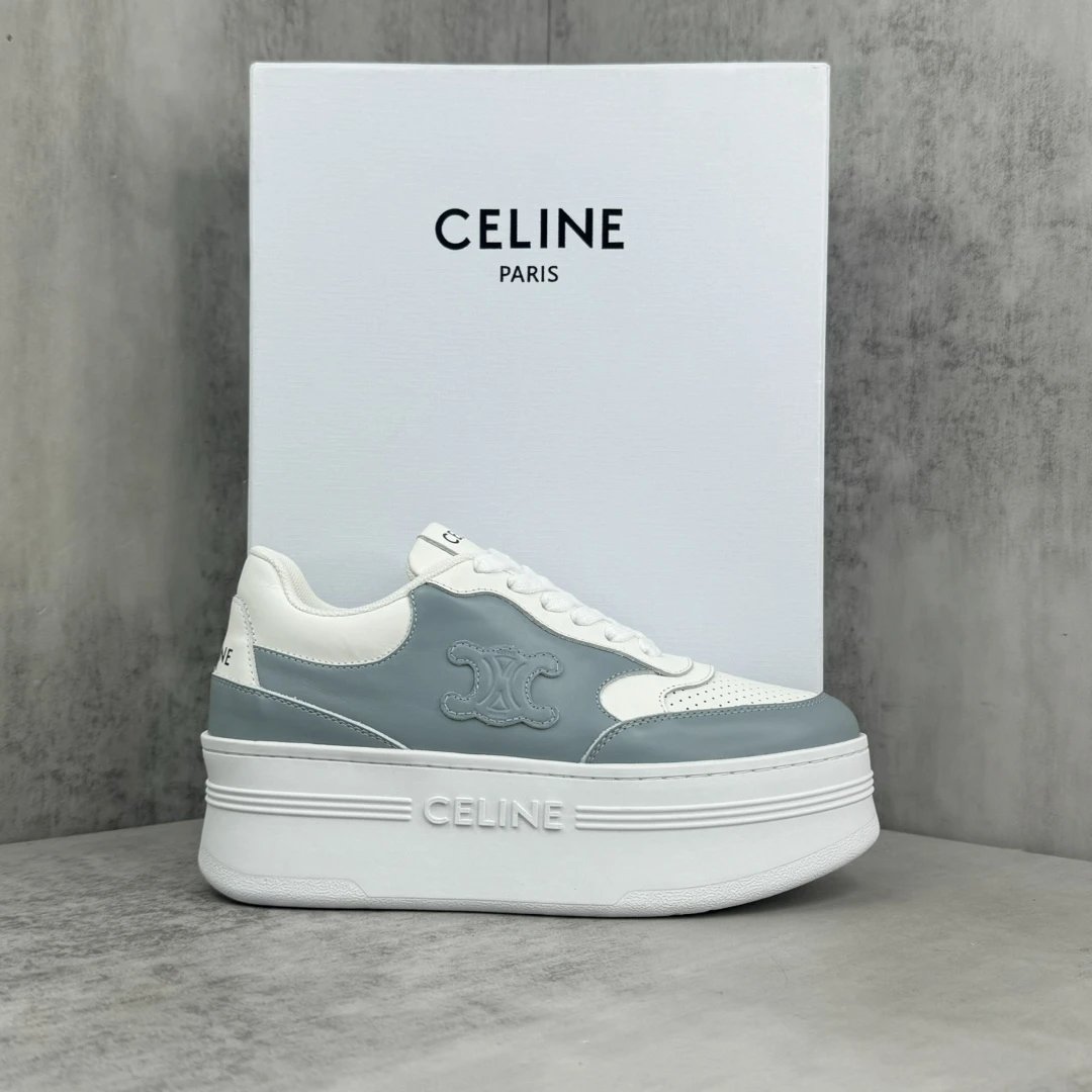 Platform Leather Sneakers Low Top Breathable White Blue - Gallery Image 1 - Detailed View