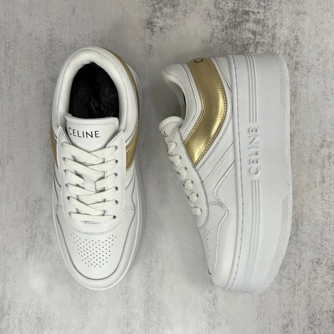 Platform Leather Sneakers Retro Chunky Sole in White Gold - Gallery Image 3 - Detailed View