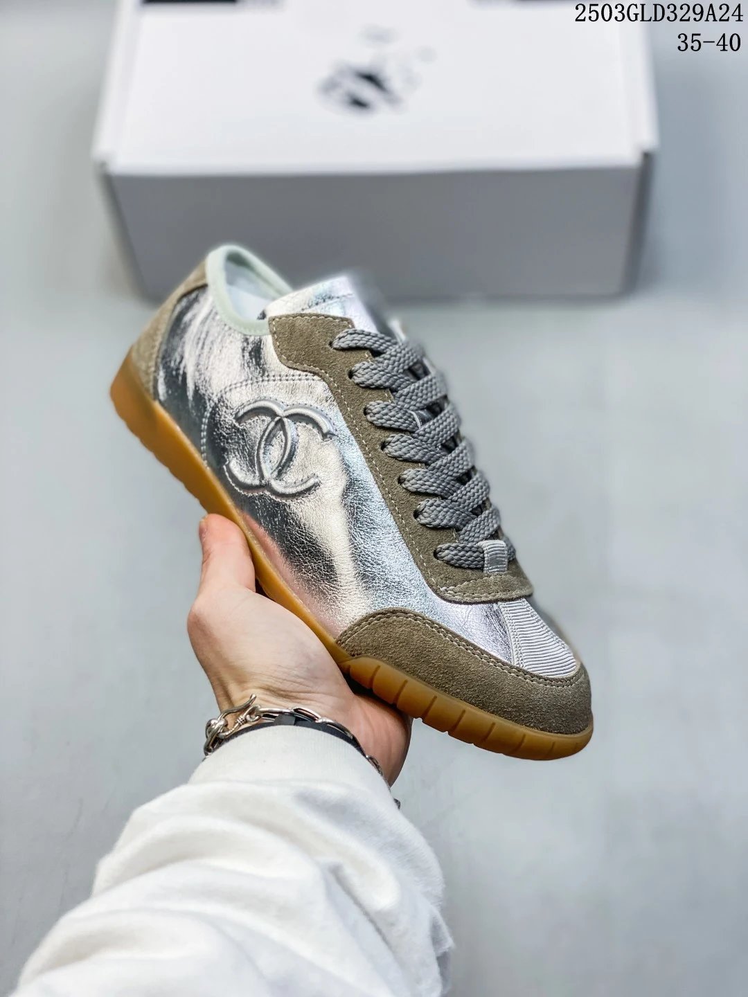 Retro German Trainer Sneakers Space Silver and Taupe - Gallery Image 1 - Detailed View