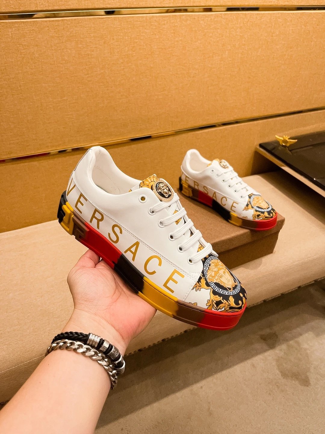 Luxury Leather Sneakers Baroque White Gold - Gallery Image 3 - Detailed View