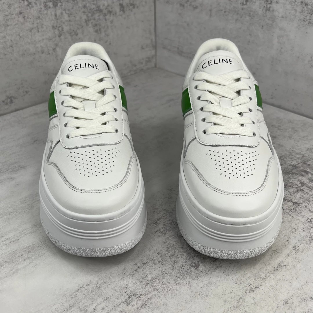 Platform Leather Sneakers with Triomphe Detail in Emerald - Gallery Image 4 - Detailed View