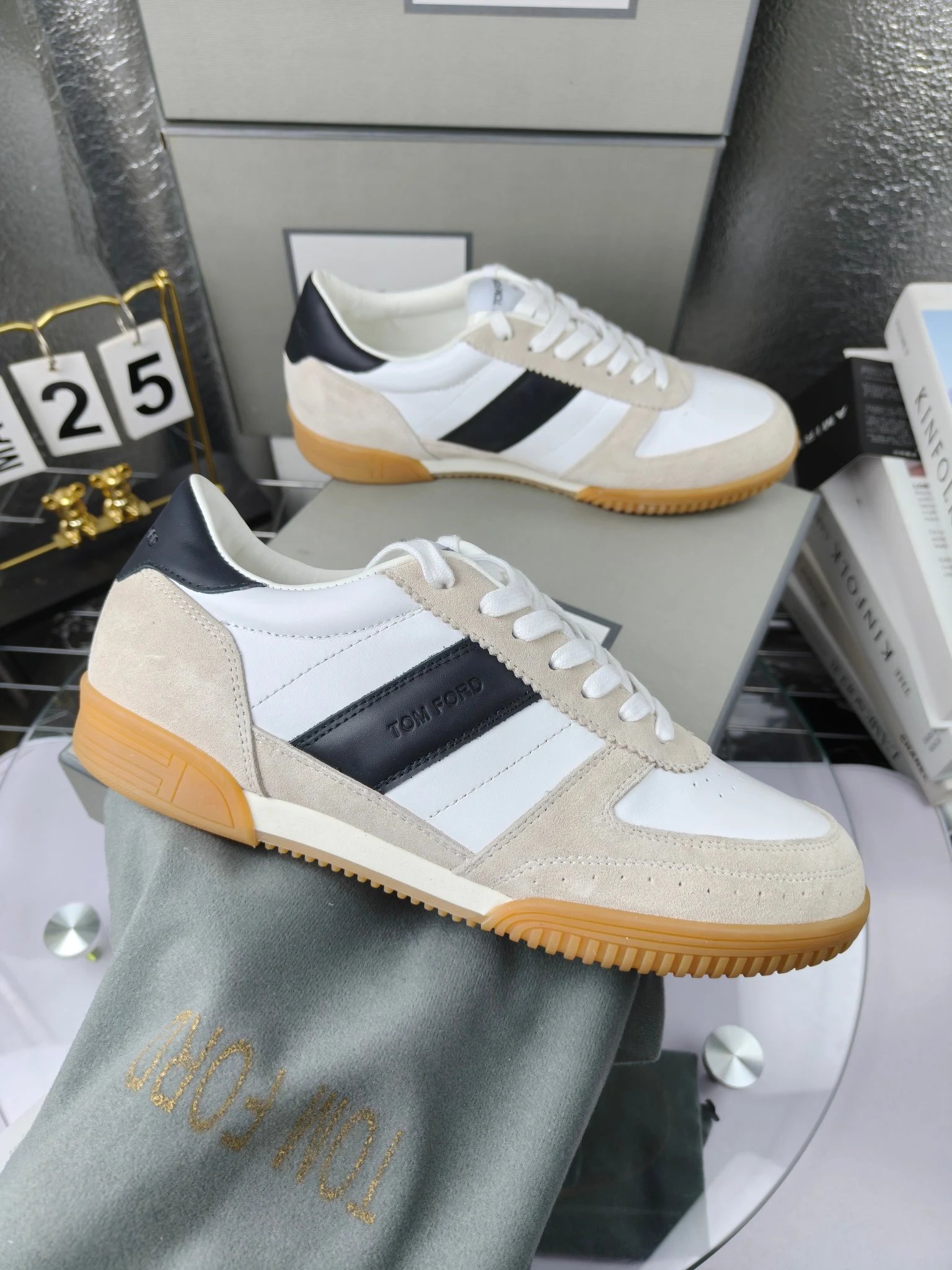 Retro Suede Leather Sneakers Ivory Noir - Gallery Image 4 - Detailed View