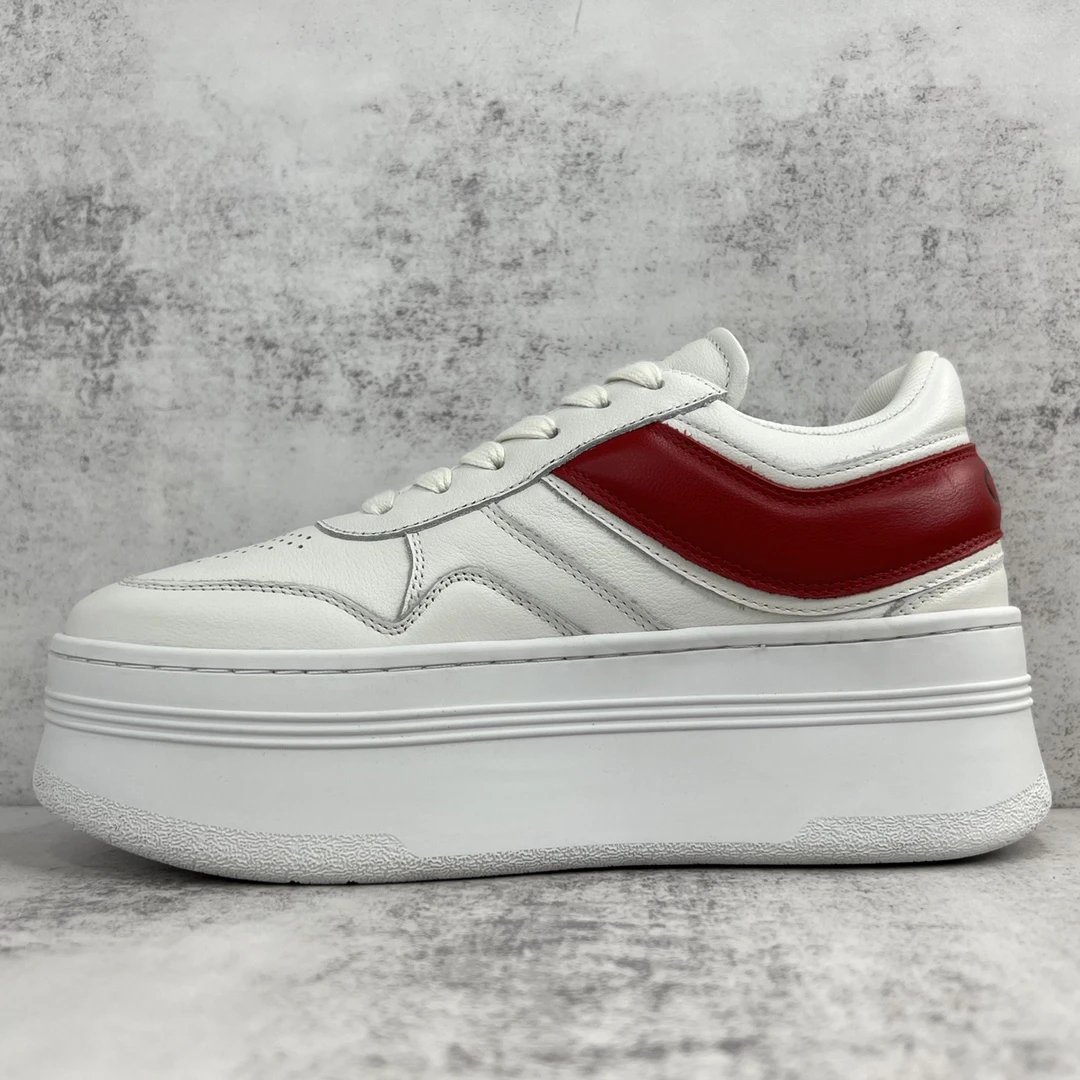 Platform Leather Sneakers with Triomphe Detail in Crimson White - Gallery Image 7 - Detailed View