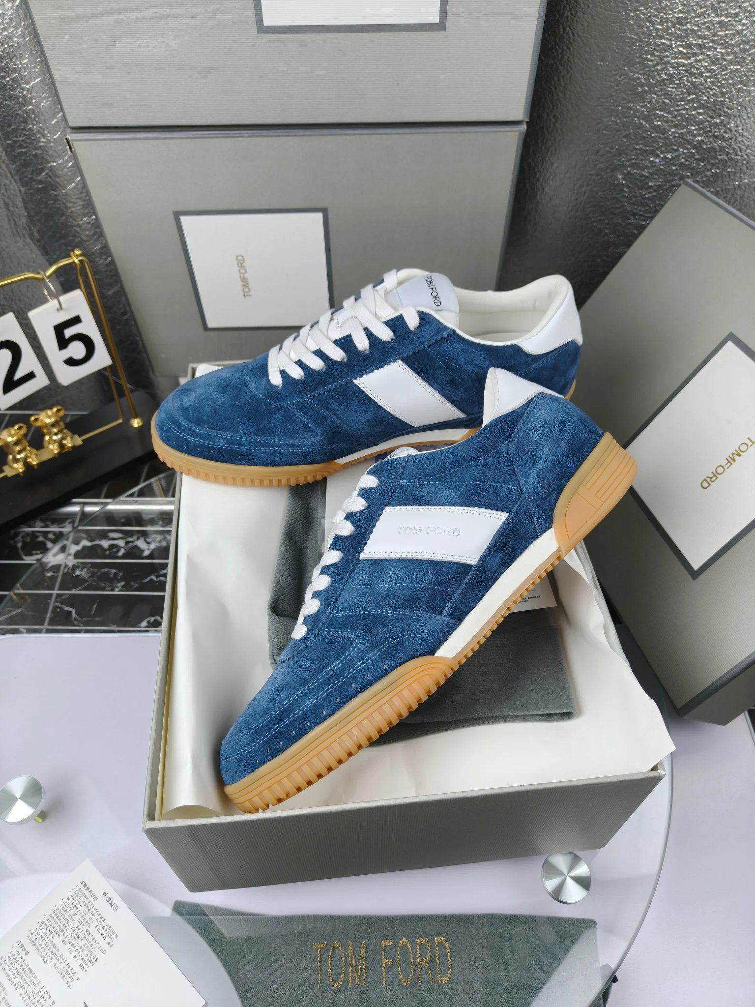 Suede Leather Sneakers Retro Gum Sole in Ocean Blue - Gallery Image 6 - Detailed View