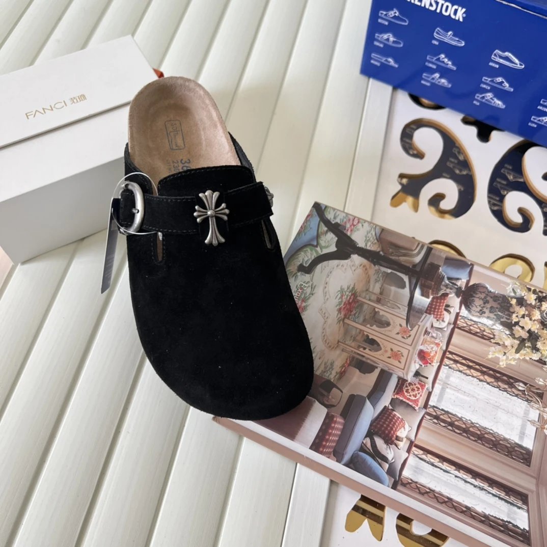 Suede Cross Buckle Closed Toe Mules Soft Sole Ebony - Gallery Image 5 - Detailed View