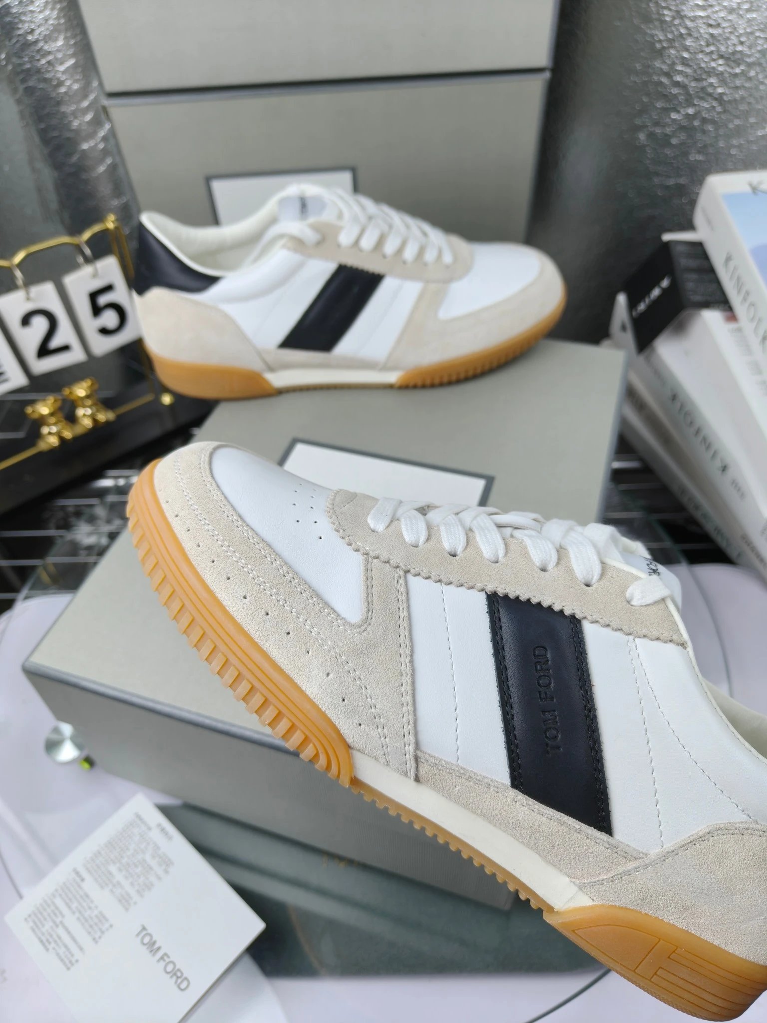 Retro Suede Leather Sneakers Ivory Noir - Gallery Image 5 - Detailed View