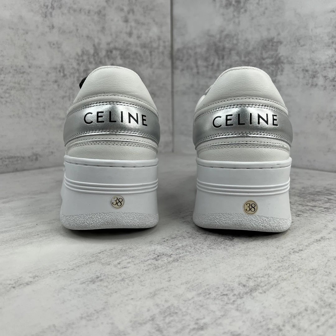 Platform Leather Sneakers Triomphe Detail Silver White - Gallery Image 5 - Detailed View