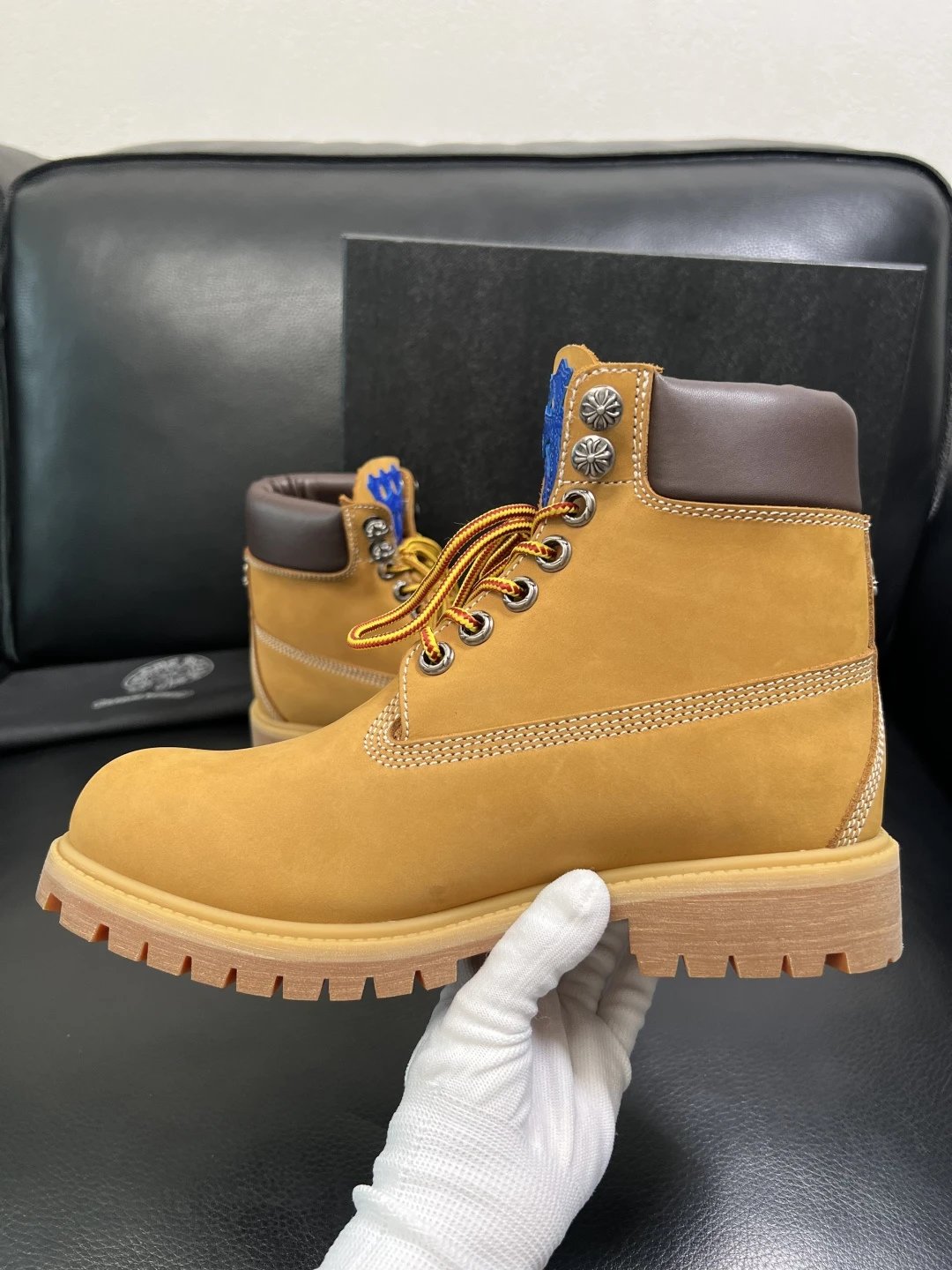 Luxury Leather Work Boots Amber with Royal Blue Cross - Gallery Image 5 - Detailed View