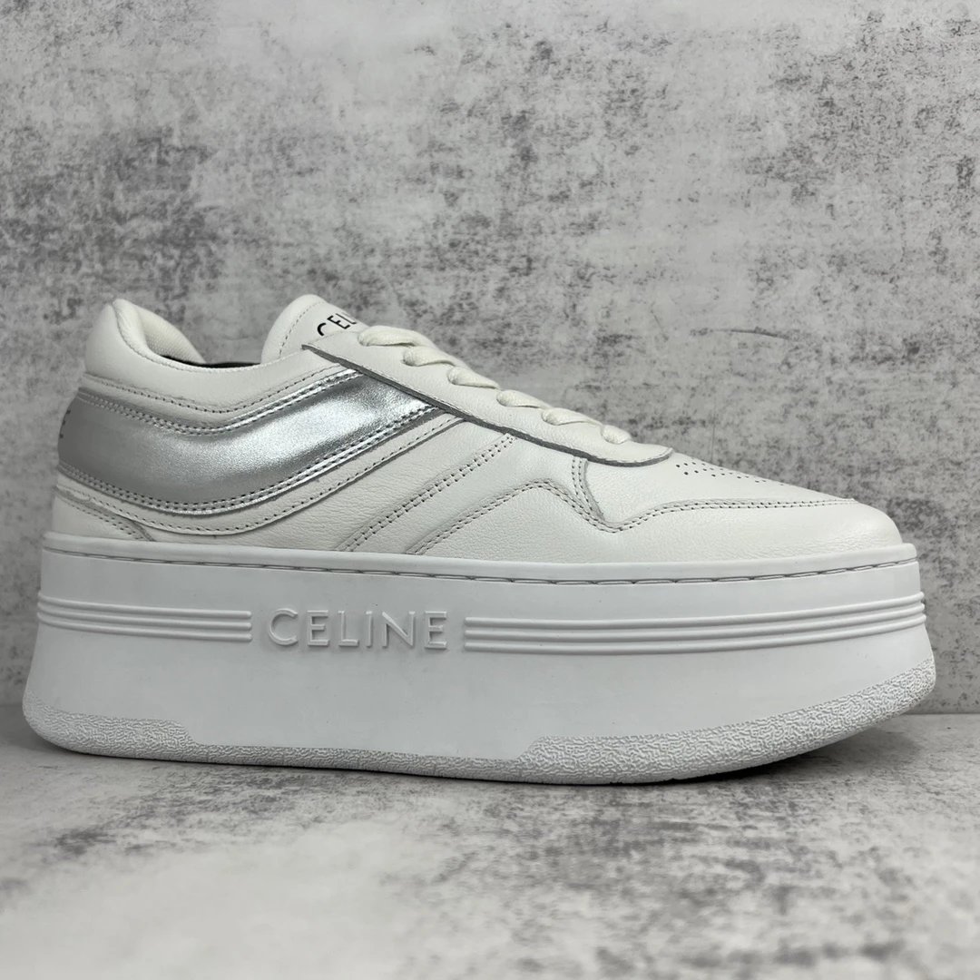 Platform Leather Sneakers Triomphe Detail Silver White - Gallery Image 6 - Detailed View