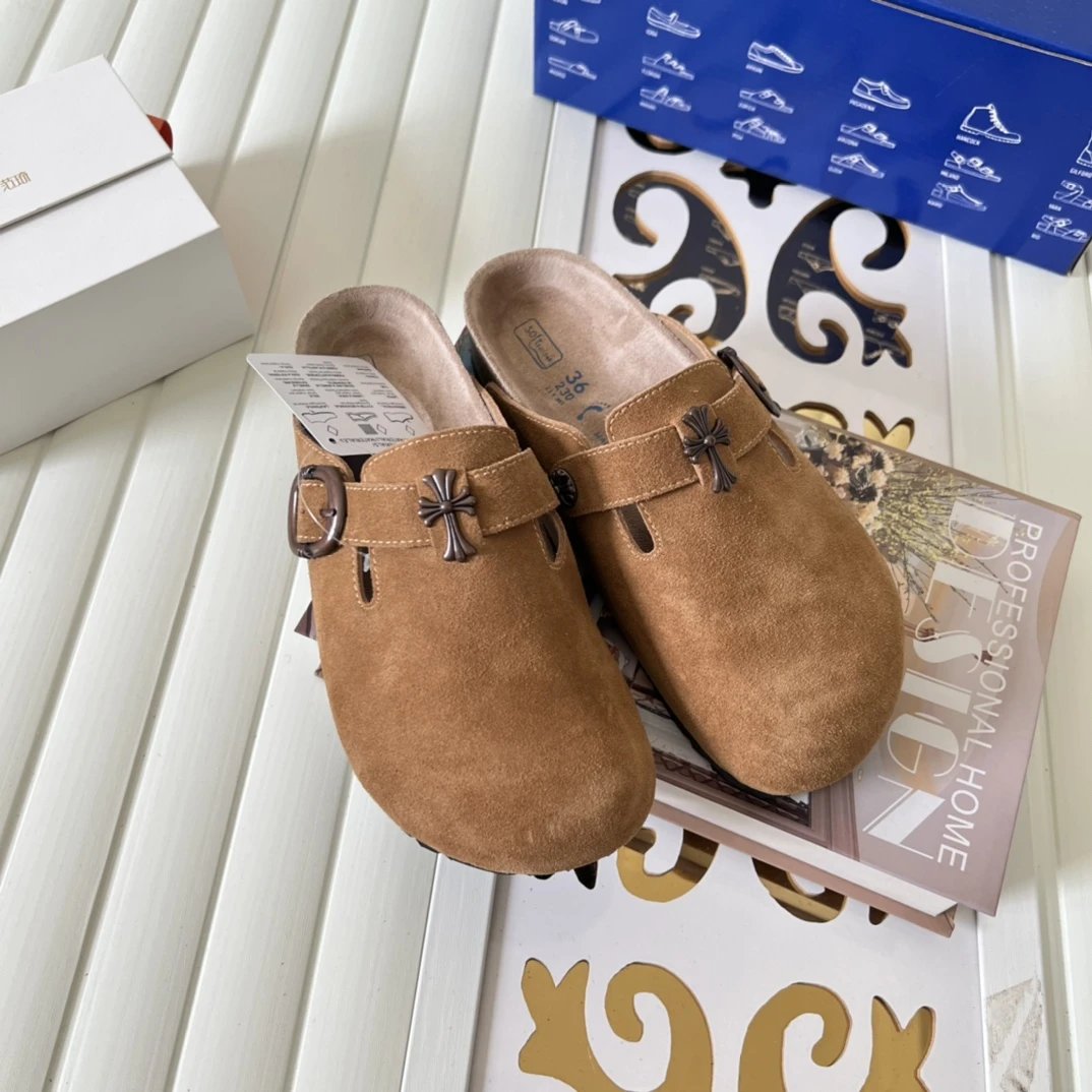 Suede Cross Buckle Closed Toe Clogs Camel Brown - Gallery Image 1 - Detailed View