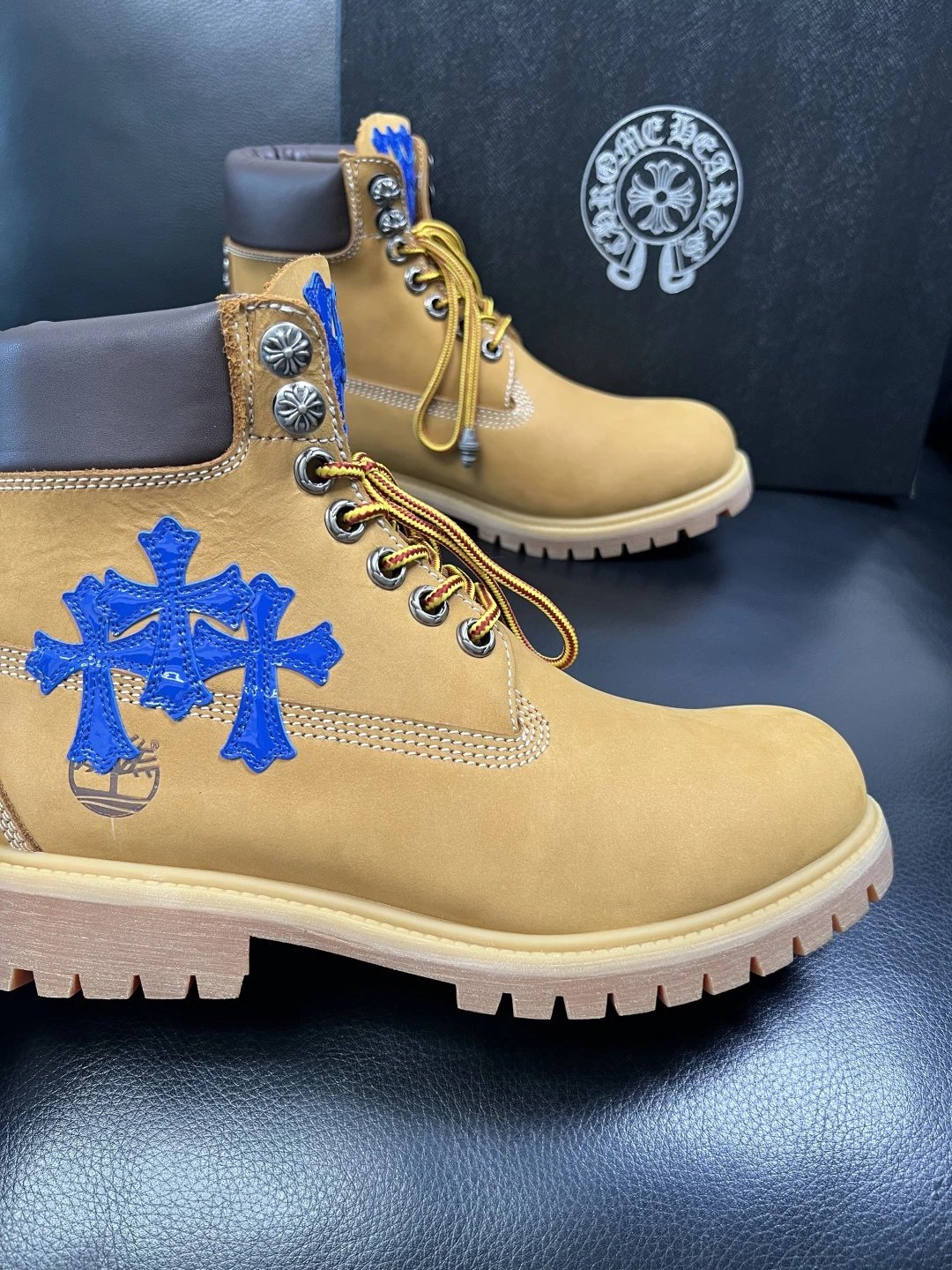 Luxury Leather Work Boots Amber with Royal Blue Cross - Gallery Image 6 - Detailed View