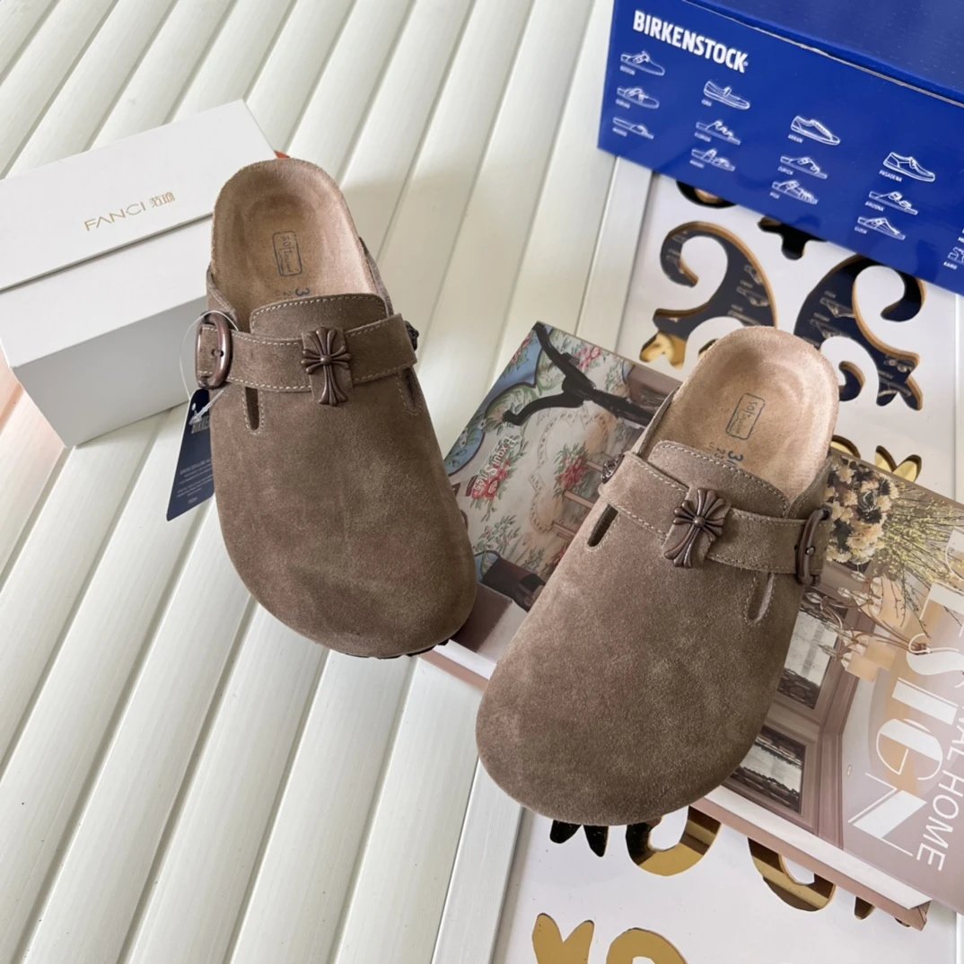 Suede Cross Buckle Closed Toe Clogs Unisex Mocha - Gallery Image 3 - Detailed View