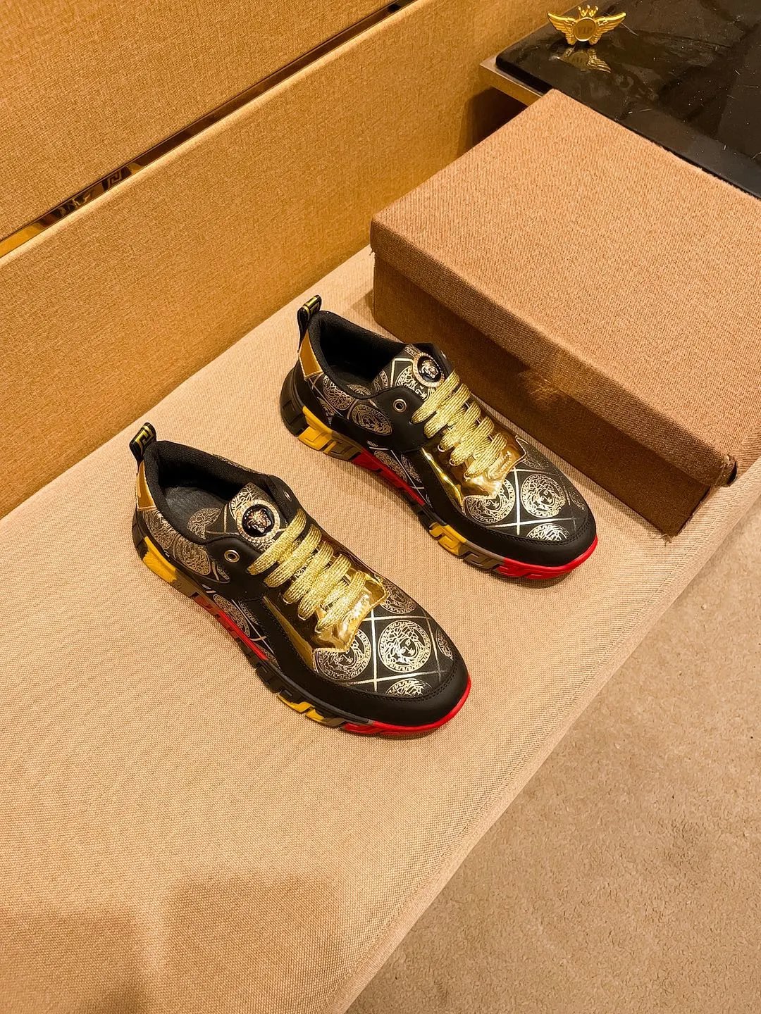 Luxury Leather Sneakers Baroque Gold Black - Gallery Image 5 - Detailed View