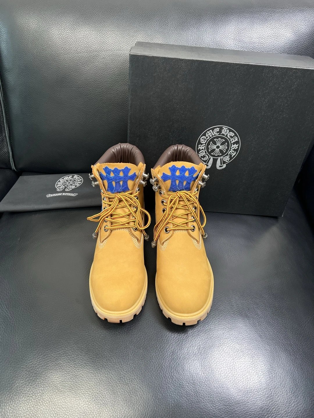 Luxury Leather Work Boots Amber with Royal Blue Cross - Gallery Image 3 - Detailed View