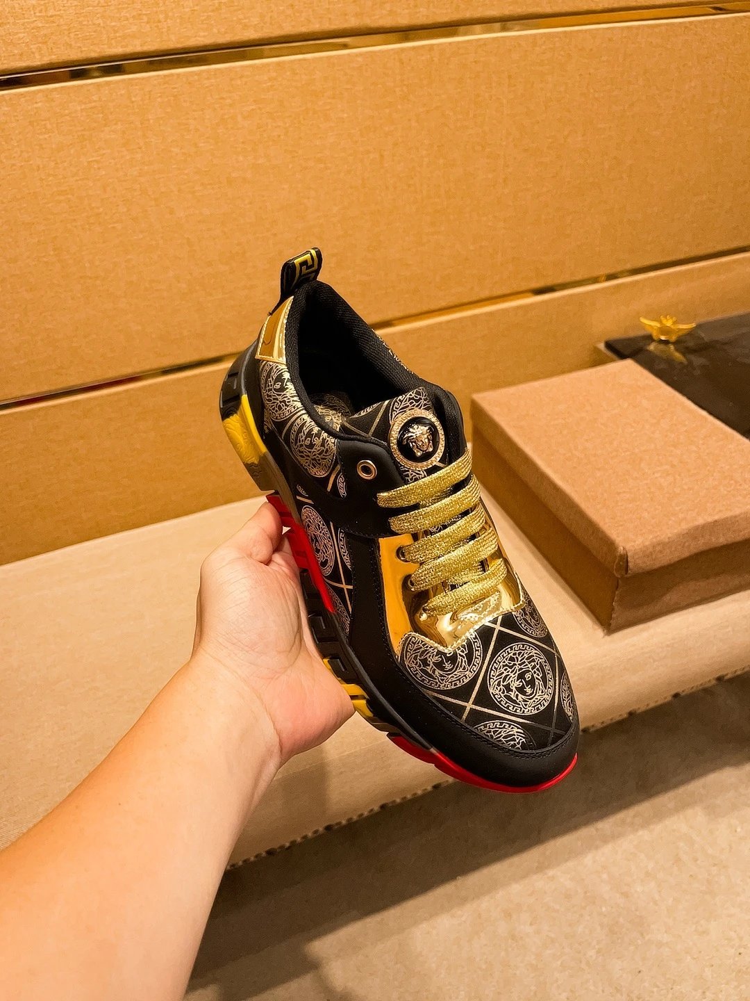 Luxury Leather Sneakers Baroque Gold Black - Gallery Image 7 - Detailed View