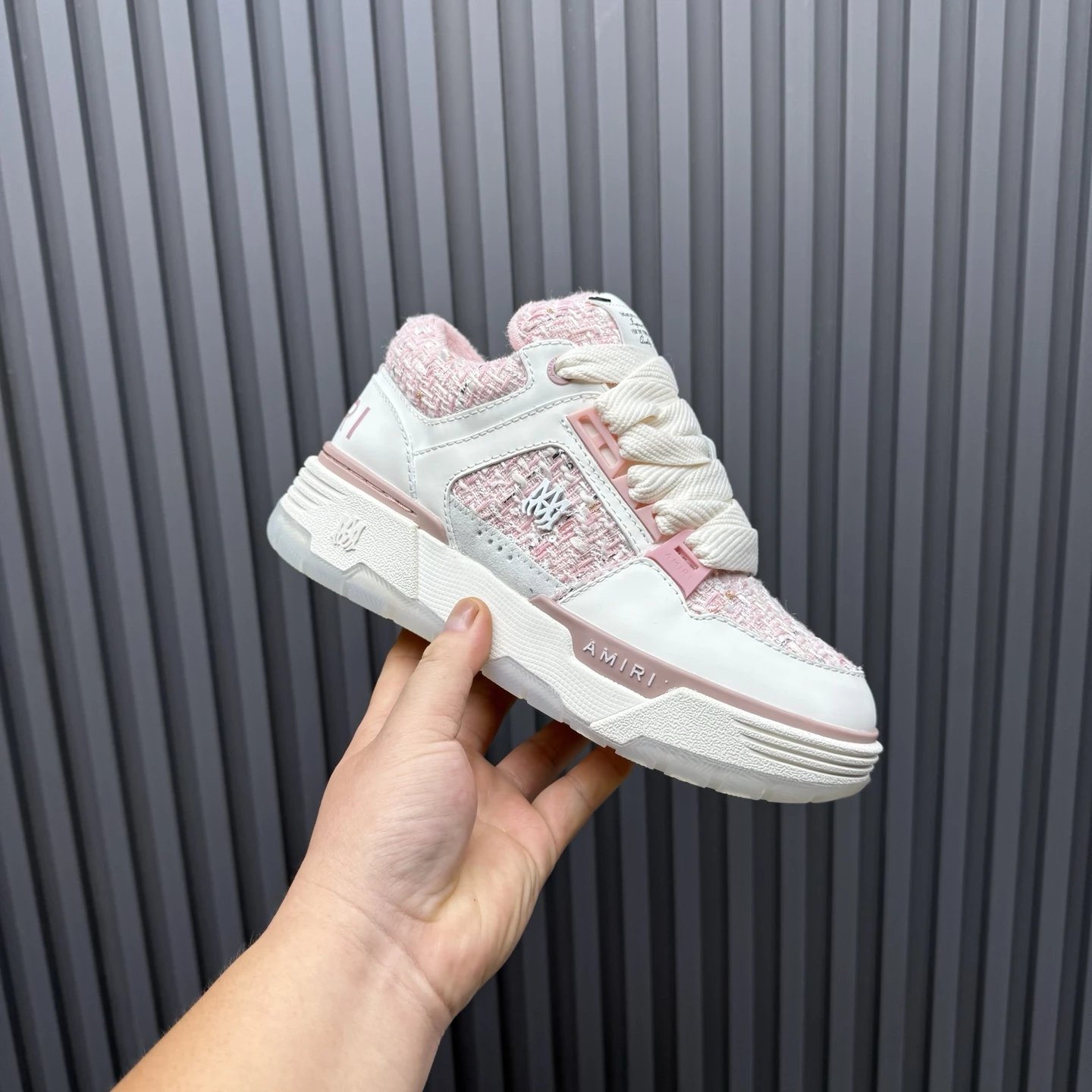 Low Top Tweed Leather Sneakers for Men Women Blush Pink - Gallery Image 3 - Detailed View