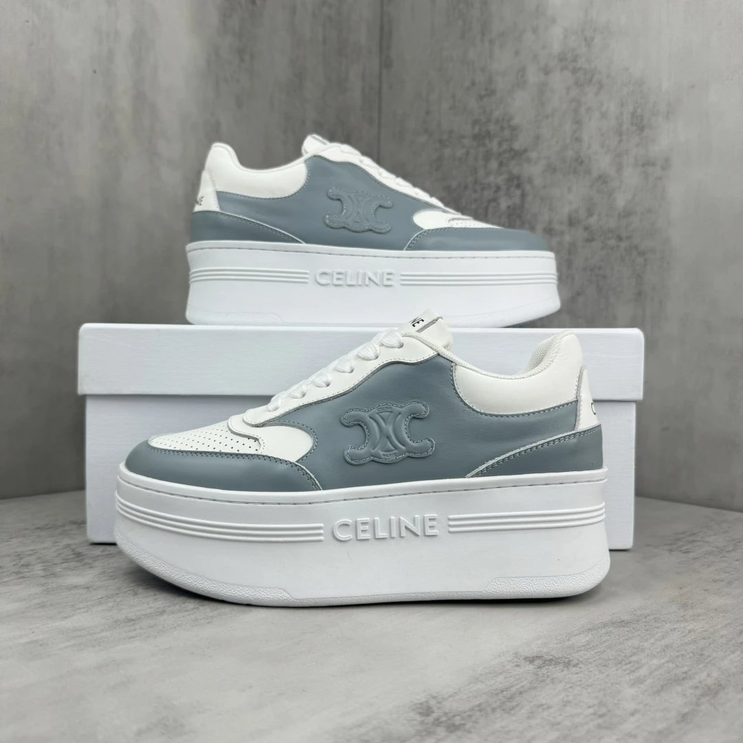 Platform Leather Sneakers Low Top Breathable White Blue - Gallery Image 9 - Detailed View