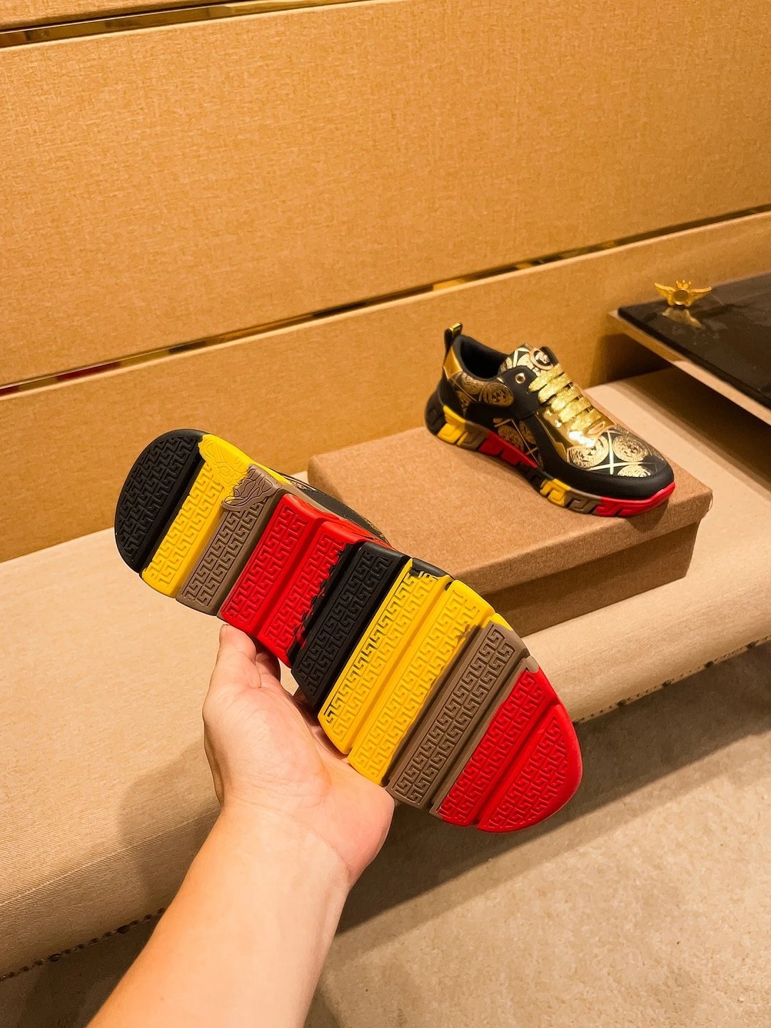 Luxury Leather Sneakers Baroque Gold Black - Gallery Image 8 - Detailed View