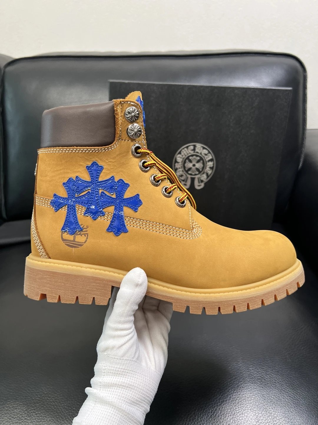 Luxury Leather Work Boots Amber with Royal Blue Cross - Gallery Image 4 - Detailed View