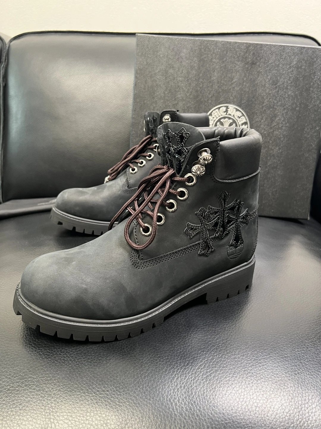 Italian Leather Combat Boots Ebony Black - Gallery Image 2 - Detailed View