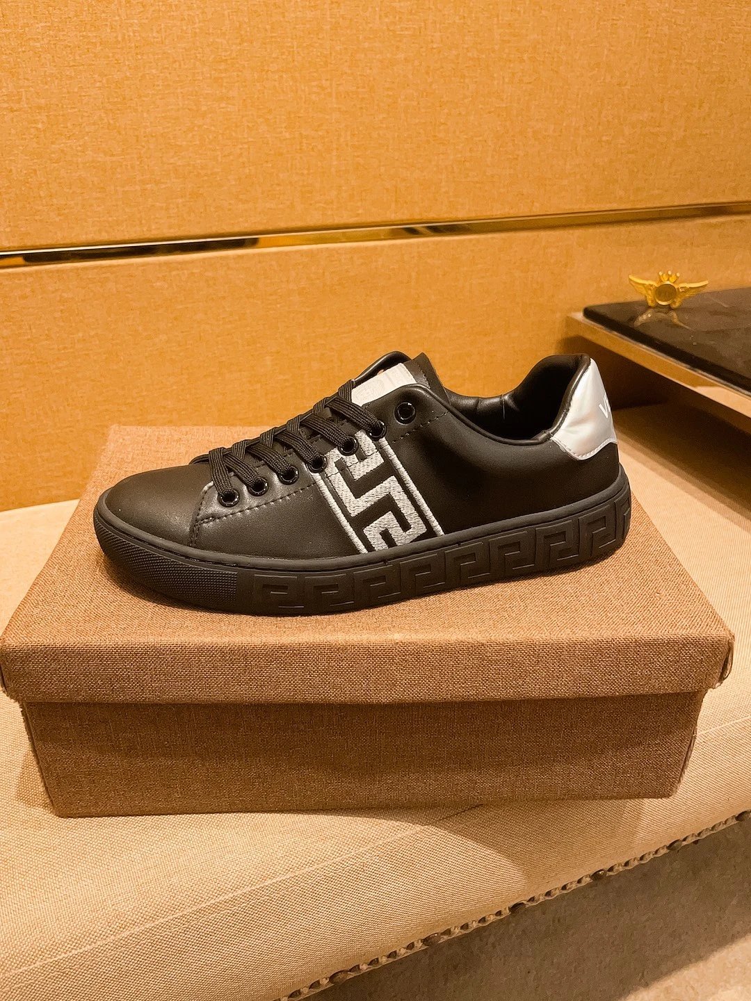 Luxury Leather Sneakers Greek Key Black Silver - Gallery Image 6 - Detailed View